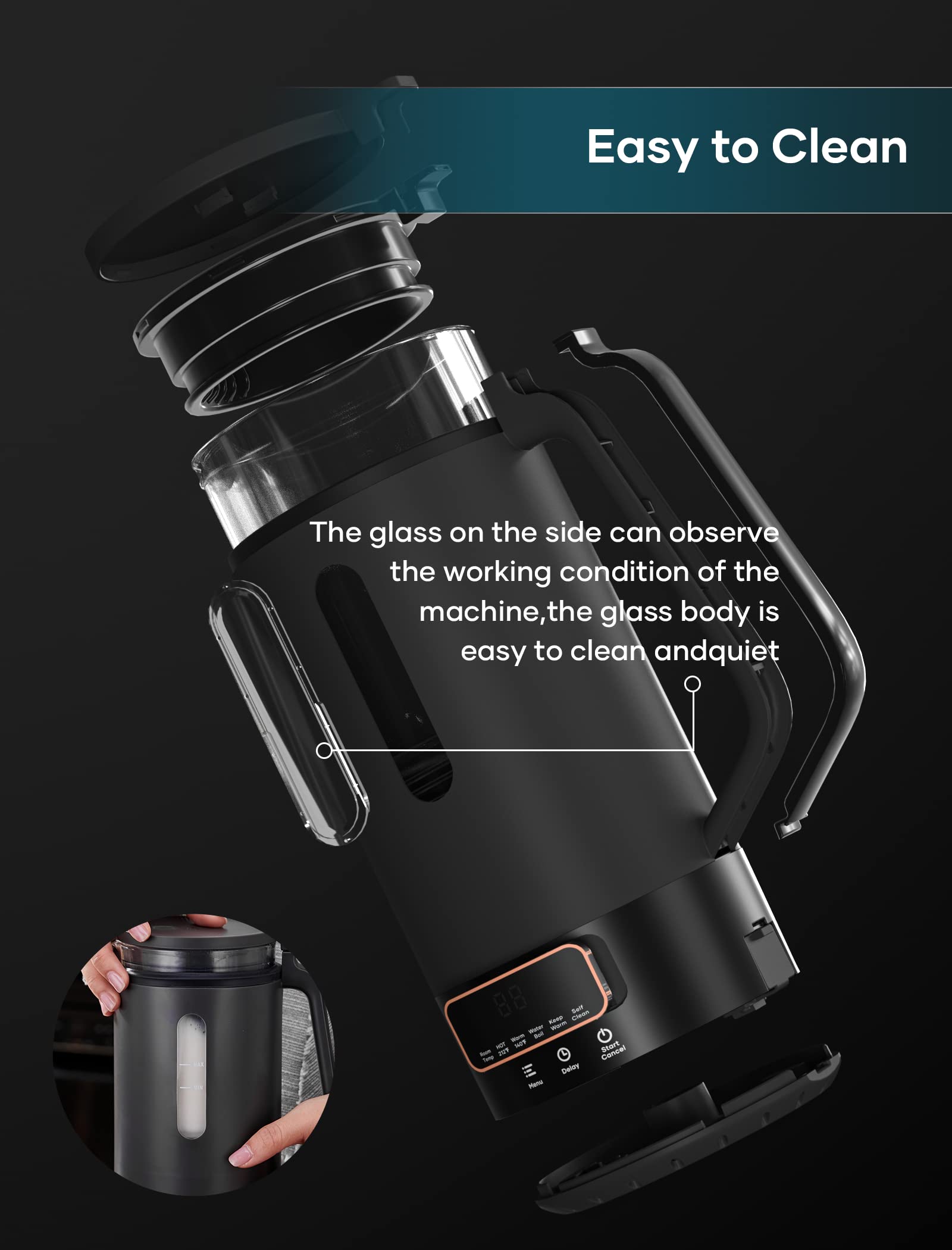 INTASTING - Máquina automática de leche de nueces, interior de vidrio, almendras caseras, avena, etc., máquina de leche de soja con 6 preestablecidos, mantiene caliente, retrasa, hervir agua, mezcla, autolimpiable, protección contra ebullición y seco, fác