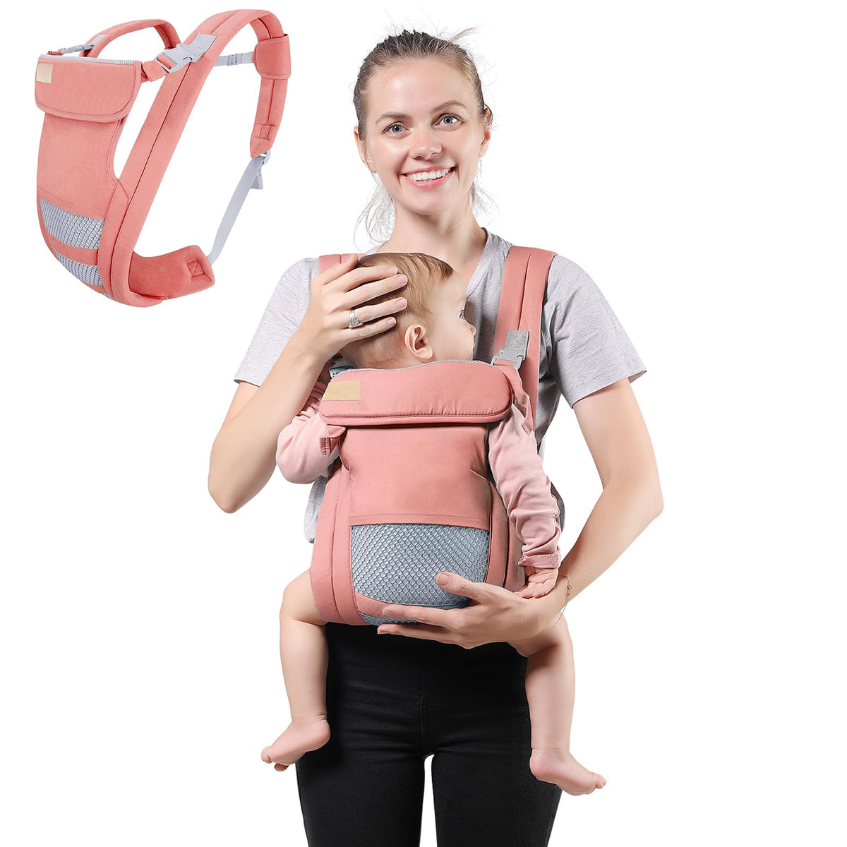 Cangurera para Bebe, Fular Ergonómico para Bebés de 0 a 36 Meses(Hasta 20 kg), Mochila Portabebés, Proteger la Cabeza, Portabebés de Algodón Ligero y Transpirable Ajustable (Rosa)