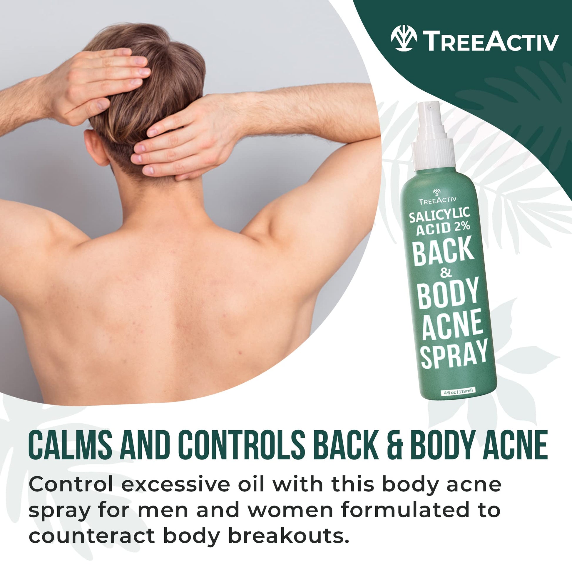 Spray de Ácido Salicílico TreeActiv para Espalda y Cuerpo Solución Eficaz Corporal en Mujeres y Hombres Fórmula de Secado Rápido con Aceite de Árbol de Té, 2 Frascos de 120ml