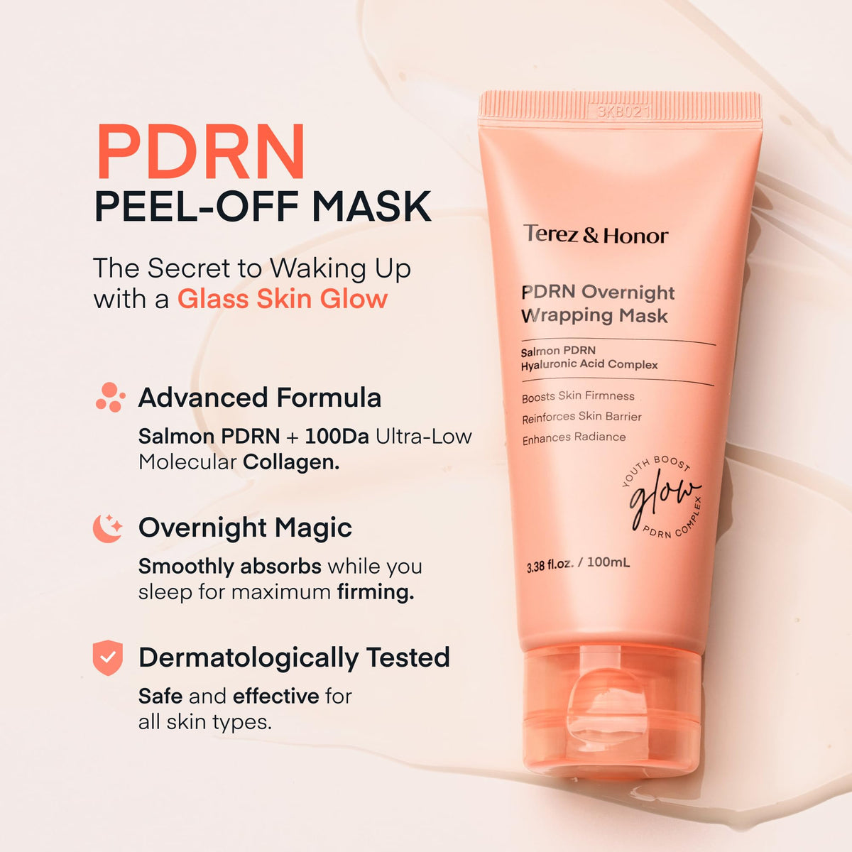TEREZ & HONOR Mascarilla Nocturna de PDRN Peel-Off: formulada con péptido de cobre GHK-Cu, colágeno y ácido hialurónico; reafirmante e hidratante para un brillo radiante – Probada Dermatológicamente para Todo Tipo de Piel – 3.4 FL OZ / 100 mL