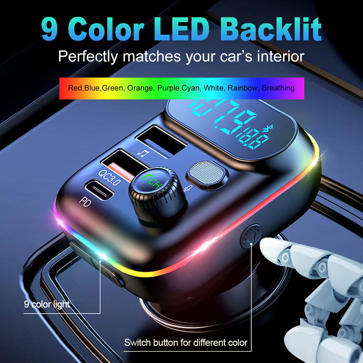Transmisor FM Bluetooth 5.0 para Coche con Puertos USB Duales y Cargador Rápido PD+QC3.0, Micrófono Mejorado