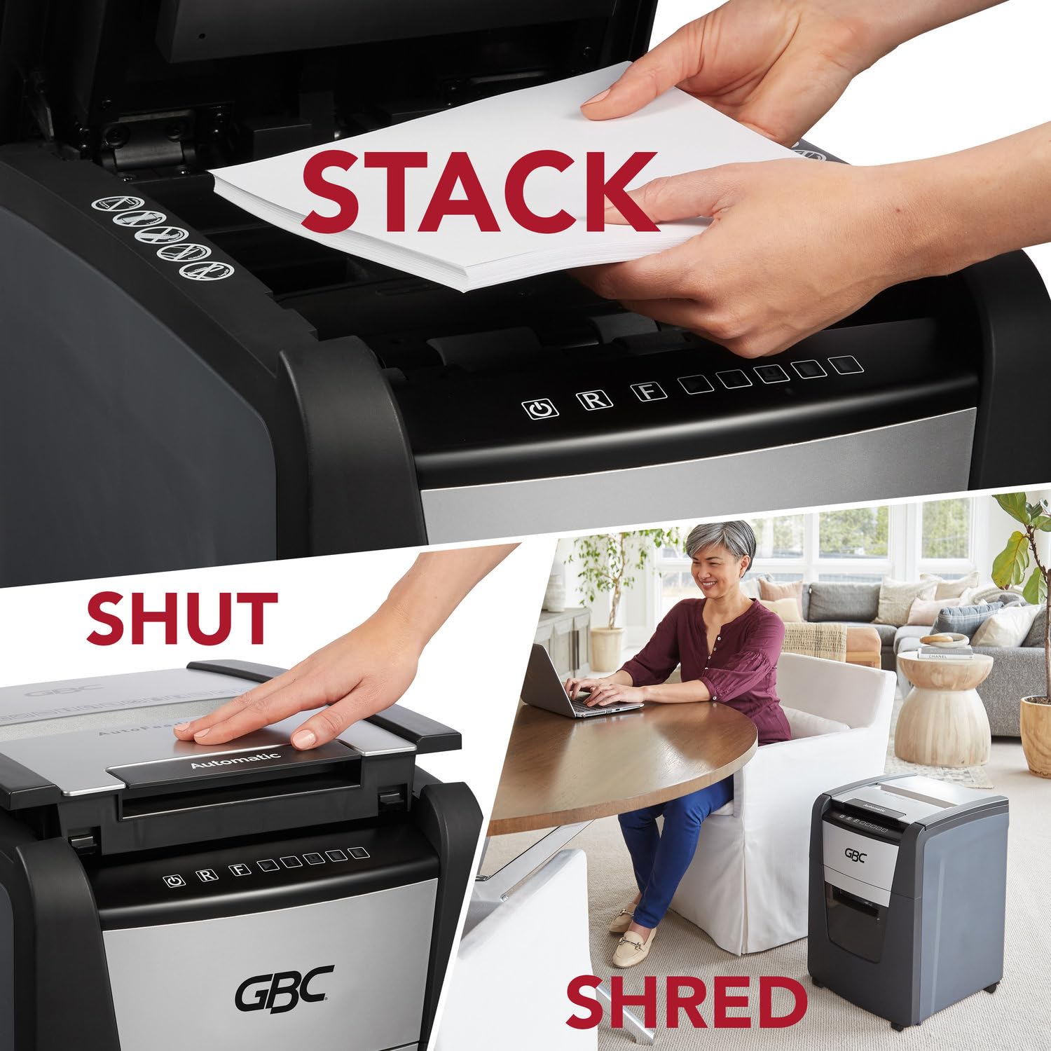 GBC Trituradora de Papel y Grapas, Auto Feed+ 100x, Corte Súper Cruzado P-4 de 100 Hojas, con Cesto de 34 litros. WSM1757602