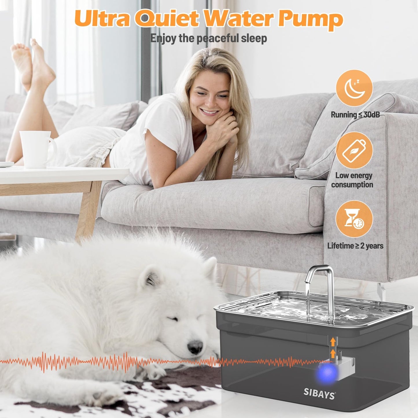 Fuente de Agua Automática SIBAYS Gran Capacidad Acero Inoxidable Ultra Silenciosa para Mascotas