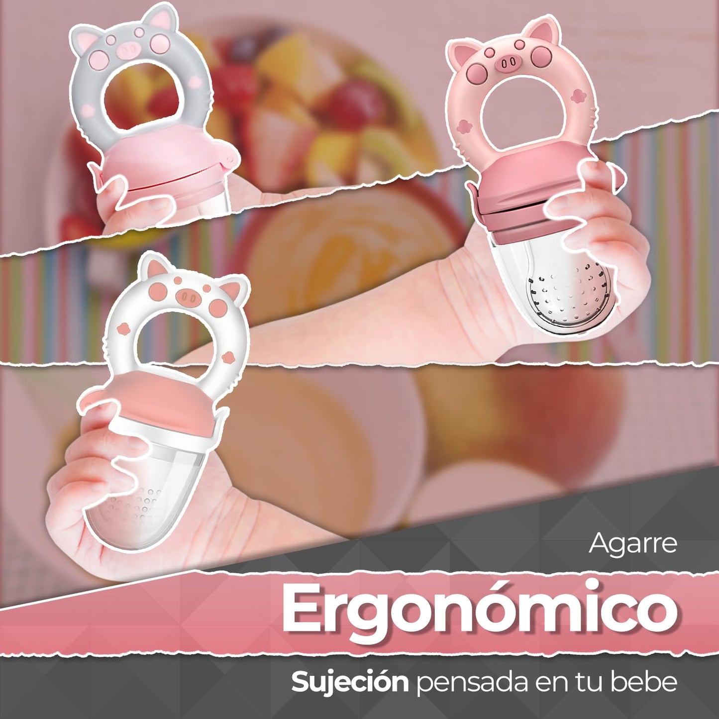 Chupones alimentadores para frutas y papillas con tapa libre de bpa, dibujos animados, 4m+ 3 piezas (pig rosa / pig rosa gris / pig blanco rosa)