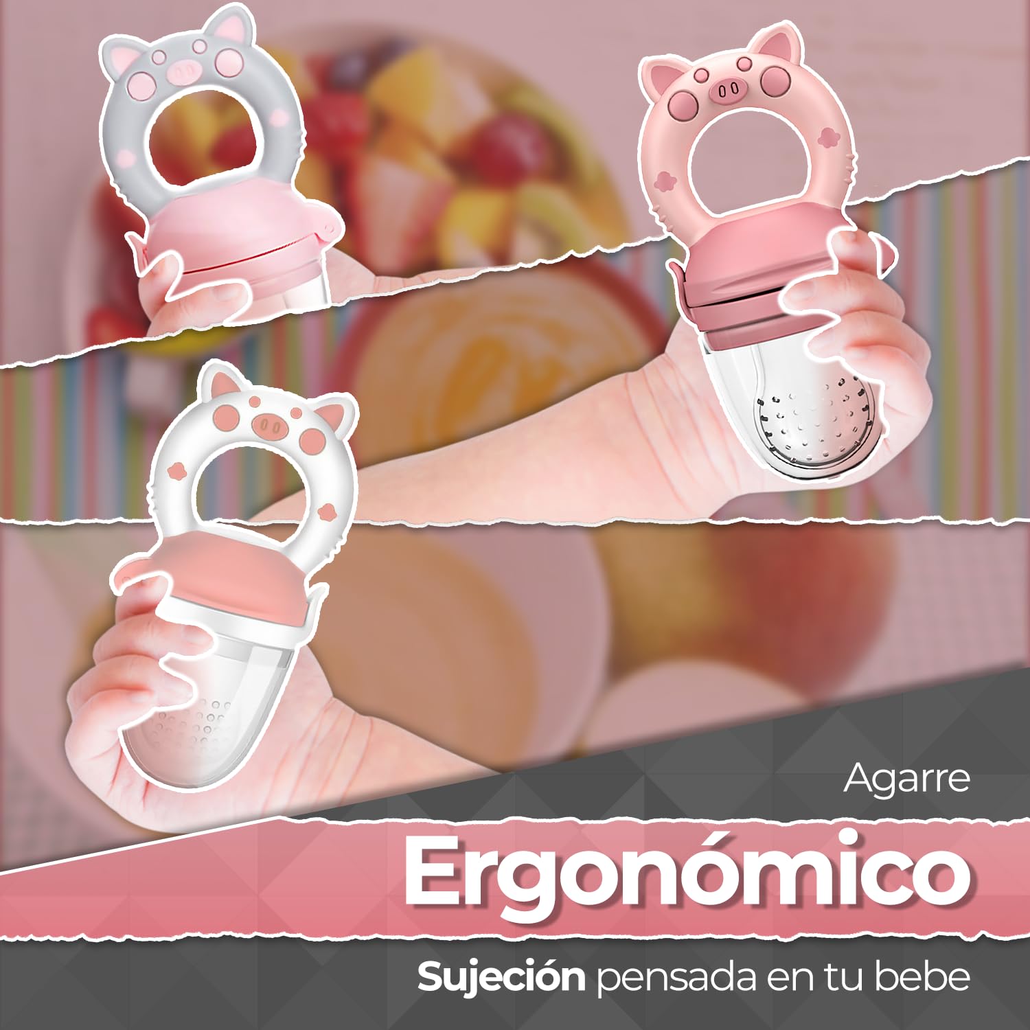 Chupones alimentadores para frutas y papillas con tapa libre de bpa, dibujos animados, 4m+ 3 piezas (pig rosa / pig rosa gris / pig blanco rosa)