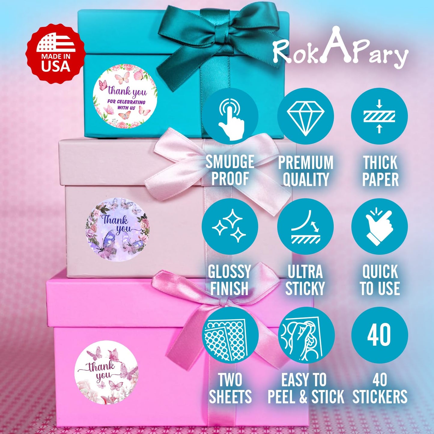 Mariposa 40 pegatinas de agradecimiento, etiquetas brillantes redondas grandes de 2 pulgadas, tema para baby shower, cumpleaños, boda, despedida de soltera, ideal para recuerdos de fiesta, etiquetas, juegos y suministros. Fabricado en Estados Unidos