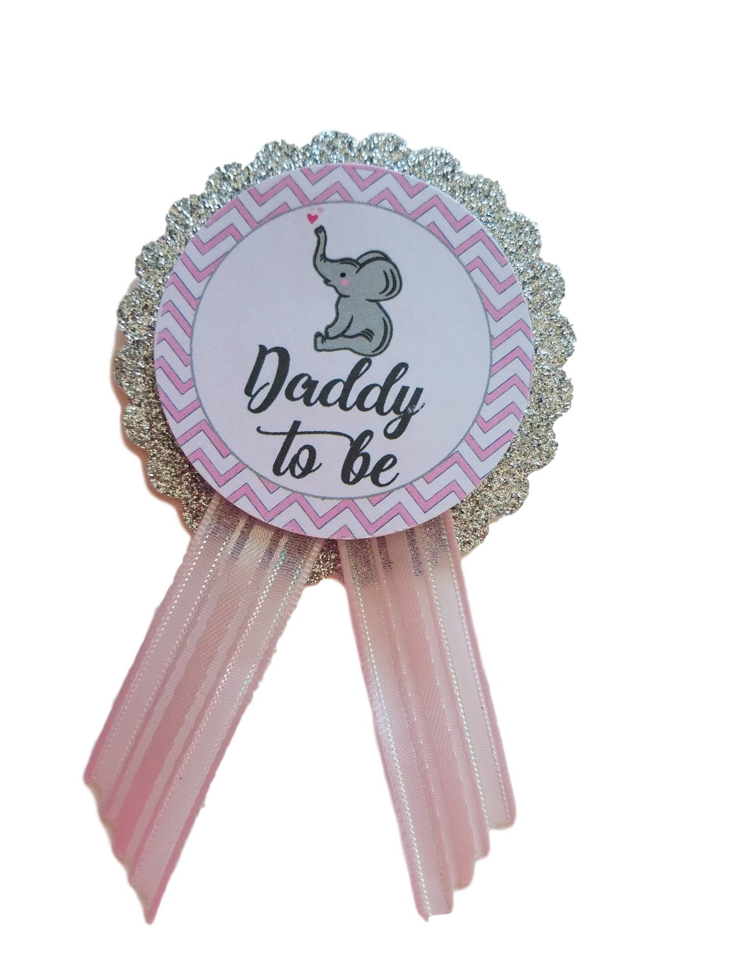Mommy & Daddy to Be Pin Elefante plateado con purpurina para baby shower Pin para que los padres usen, rosa y gris, It's a Girl Sprinkle, Una talla, cartulina cinta de satén, Sin gemas.
