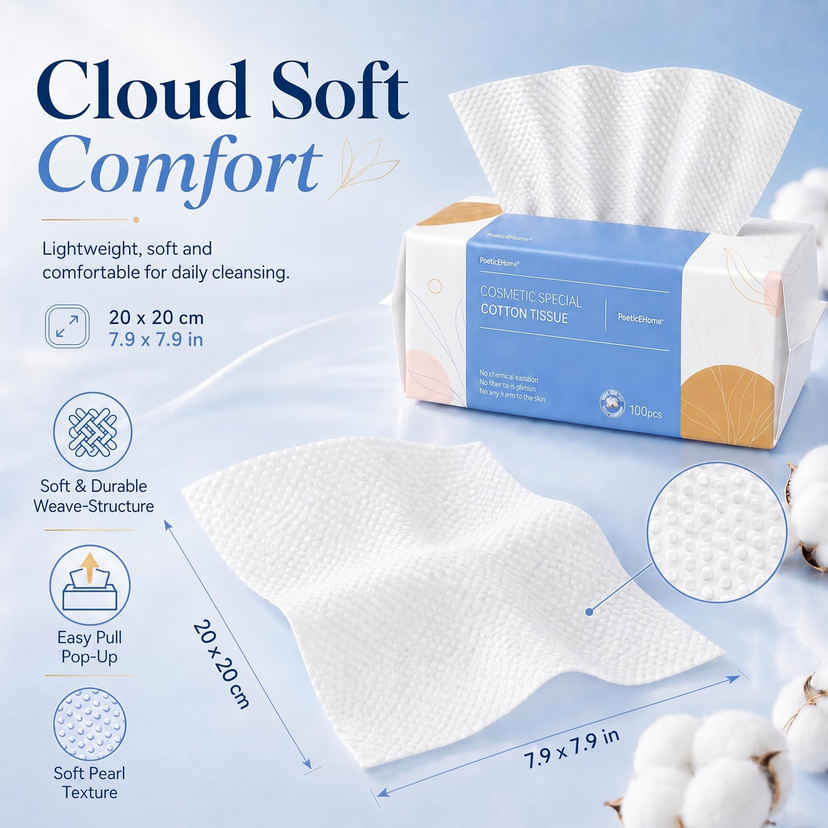 PoeticEHome Paquete de 6 toallitas suaves en seco, 100% algodón, toallas de limpieza facial sin pelusas, desechables, extra gruesas, uso seco y húmedo para piel sensible, eliminación de maquillaje, limpieza de superficies (600 unidades)