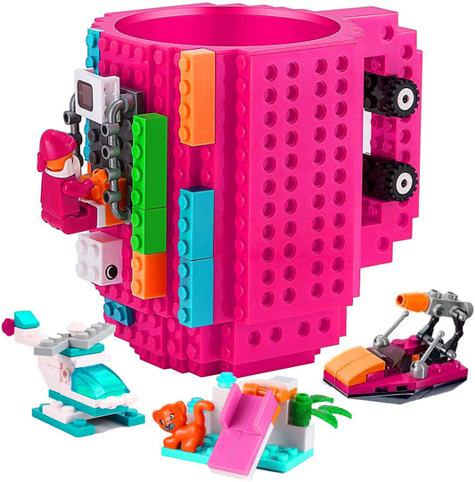 John & John Taza armable de diseño Divertido para Ladrillos, Incluye un muñeco y 2 Sets de Bloques de construcción para Jugar (10 Colores) - Rosa Fucsia