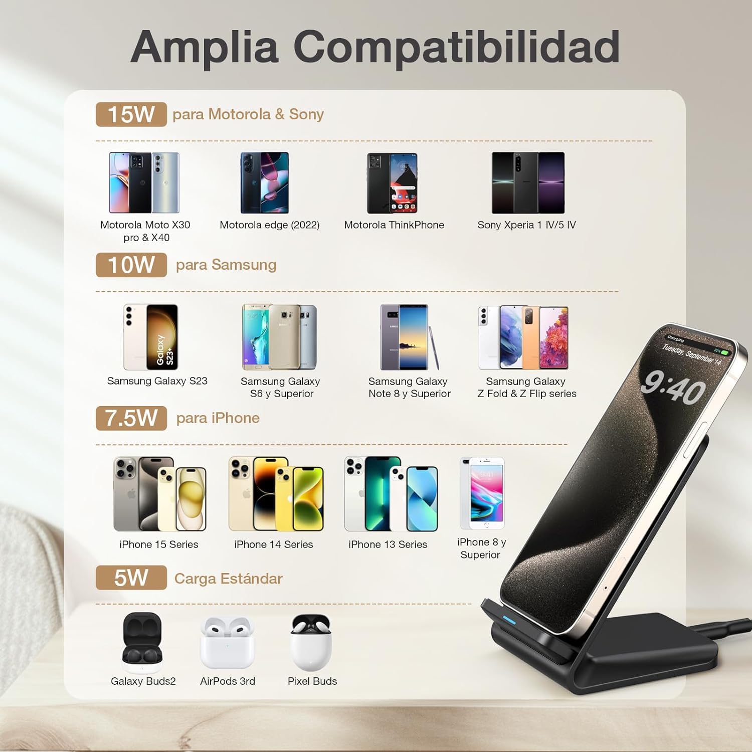 Cargador Inalámbrico 15W Negro con Cable USB C para iPhone y Samsung