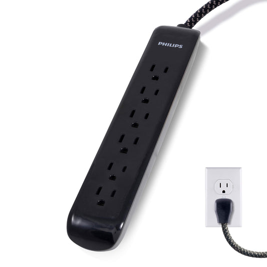 Philips SPC3064BG/37 - Tira de alimentación de 6 tomas, cable de alimentación trenzado de diseño, cable de extensión de enchufe plano, perfecto para decoración de oficina o hogar, 1080 julios, listado ETL, negro, SPC3064BG/37