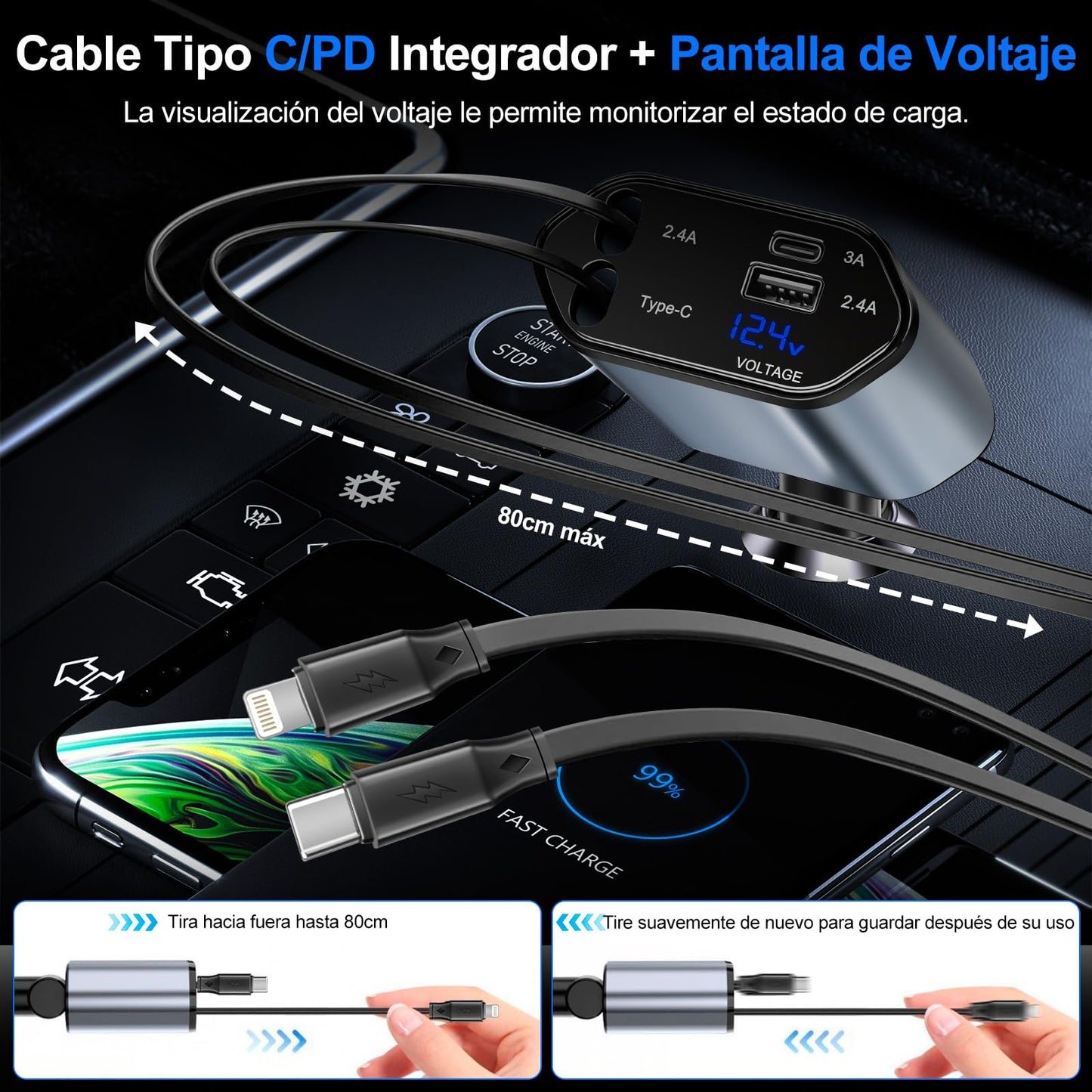 Lostrain Cargador para Auto Tipo C,Cargador de Carro 120W Total Carga Rápida 4 en 1(2 Cables Retráctiles+2 Puertos USB),Adaptador para Coche para Android iPhone 15/14/13 Huawei Xiaomi iPad