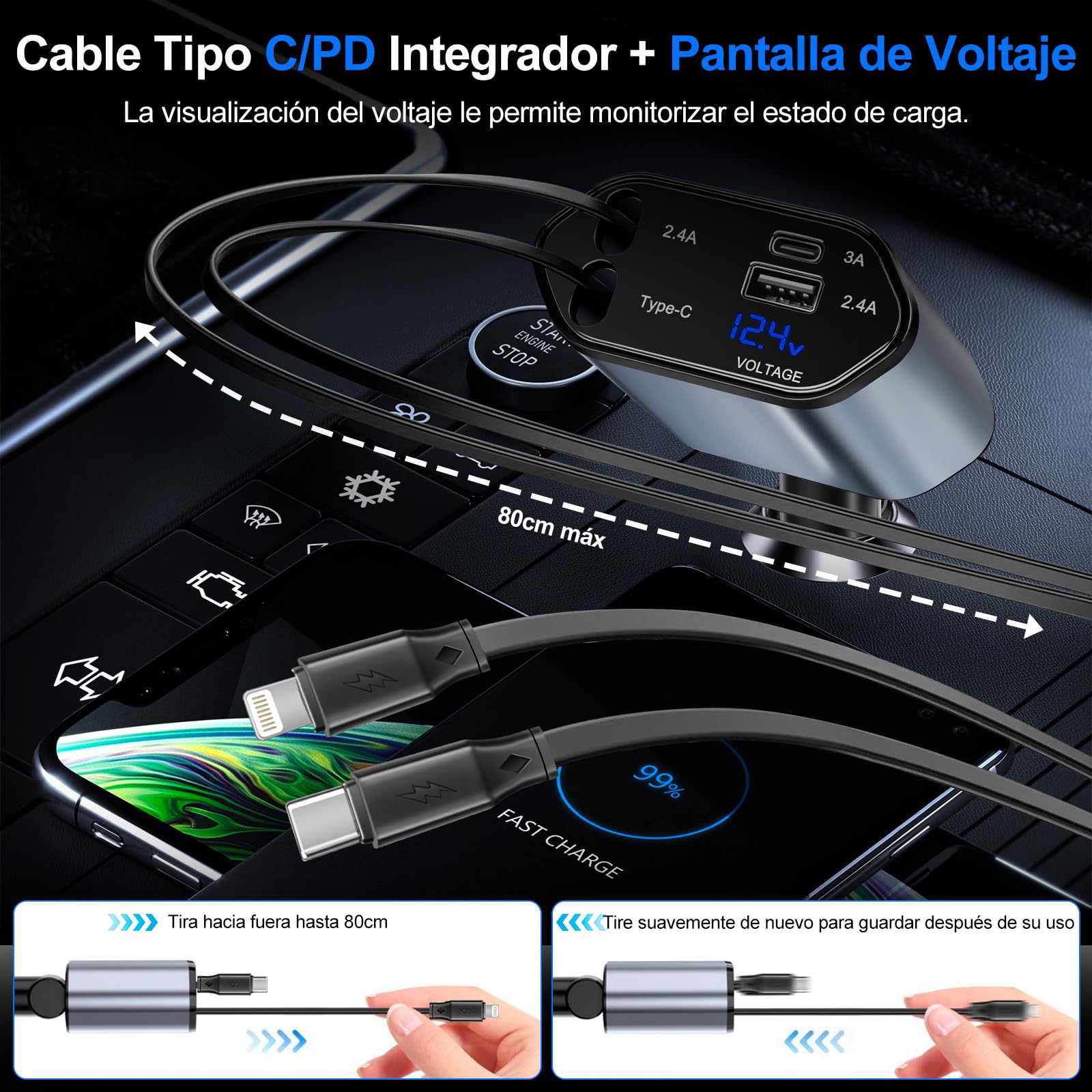 Lostrain Cargador para Auto Tipo C,Cargador de Carro 120W Total Carga Rápida 4 en 1(2 Cables Retráctiles+2 Puertos USB),Adaptador para Coche para Android iPhone 15/14/13 Huawei Xiaomi iPad