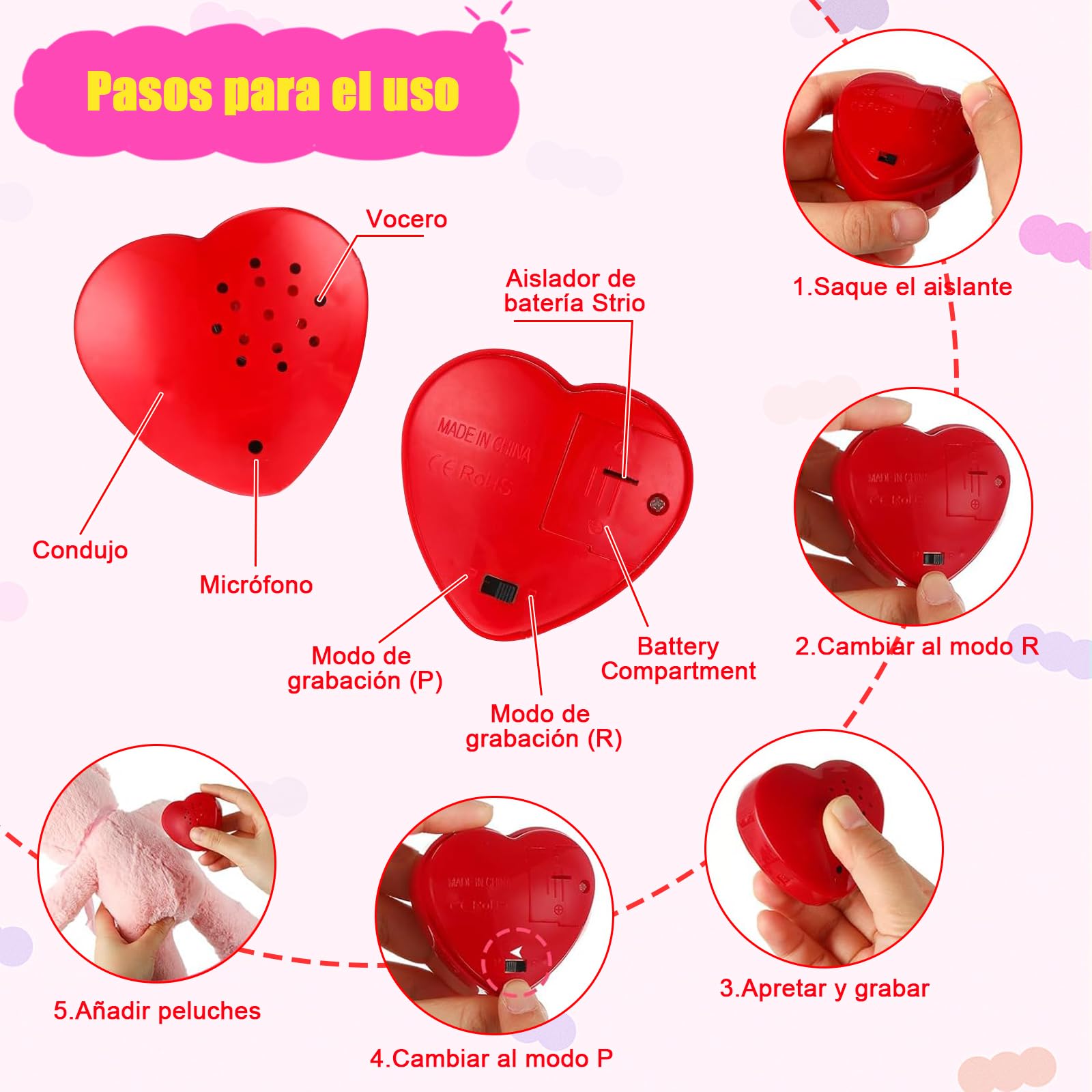 Grabadoras de Voz VKUJDT Rojas en Forma de Corazón para Animales de Peluche y Almohadas