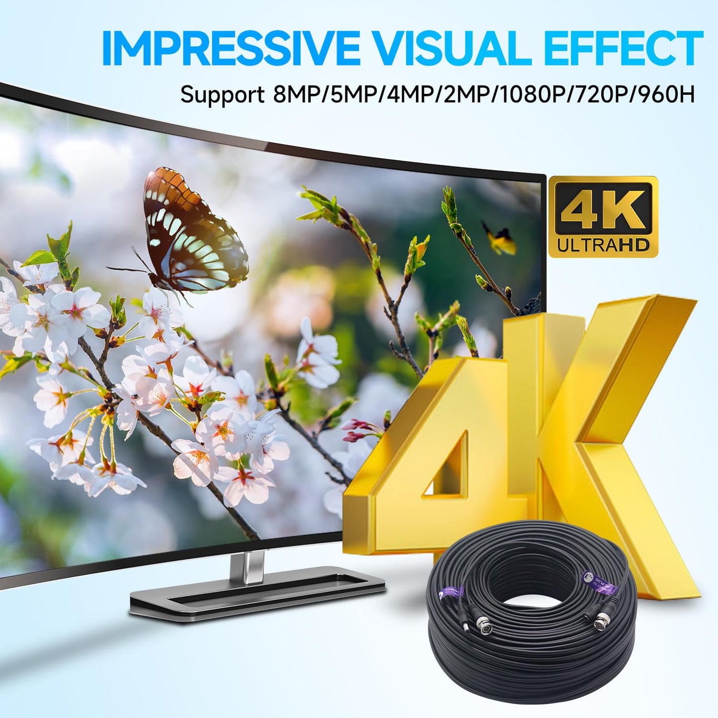 ANLINK 300 pies (91 metros) 4K 8MP 5MP 2MP 1080P Cable de vídeo y alimentación BNC, cable Mini RG59 para sistemas de cámara de seguridad CCTV, con conector BNC, adaptador RCA, clips de cable