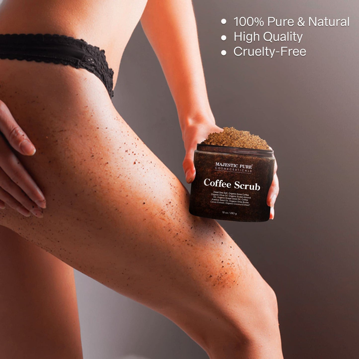 Majestic Pure Arabica Coffee Scrub - All Natural Body Scrub for Skin Care, Stretch Marks, Acne & Cellulite, Eczema, Age Spots & Varicose Veins - 10 Oz, 283 g