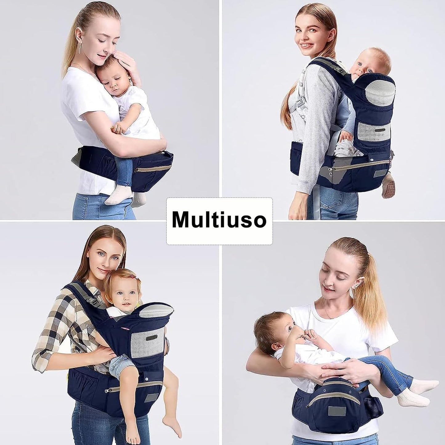 Mochila Portabebé Ergonomica Azul Ligera y Transpirable con Asiento de Cadera para Niños