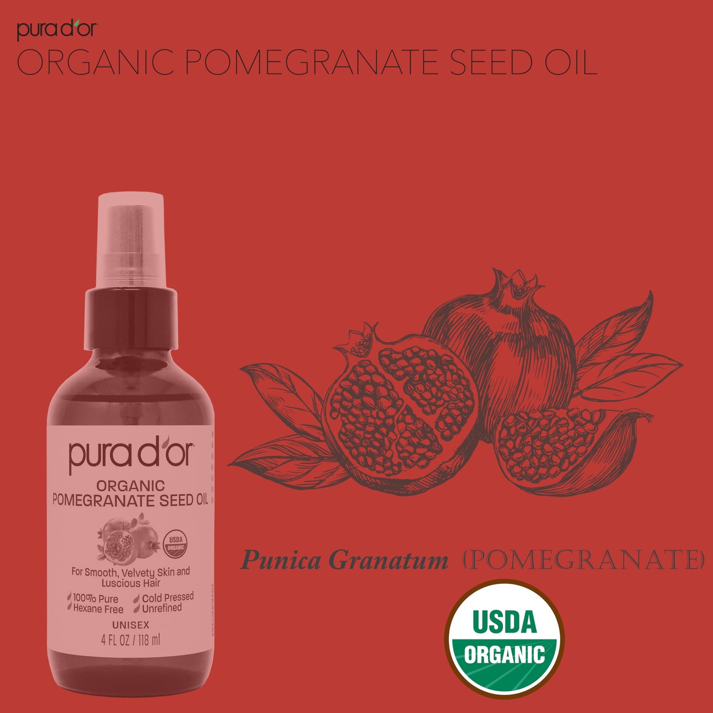 PURA D'OR Óleo de romã orgânico de 118 ml – Óleo de romã prensado a frio 100% puro certificado pela USDA – Óleo corporal orgânico para cabelo, rosto e pele – Hidratante capilar puro óleo de limpeza – Óleo de cicatriz