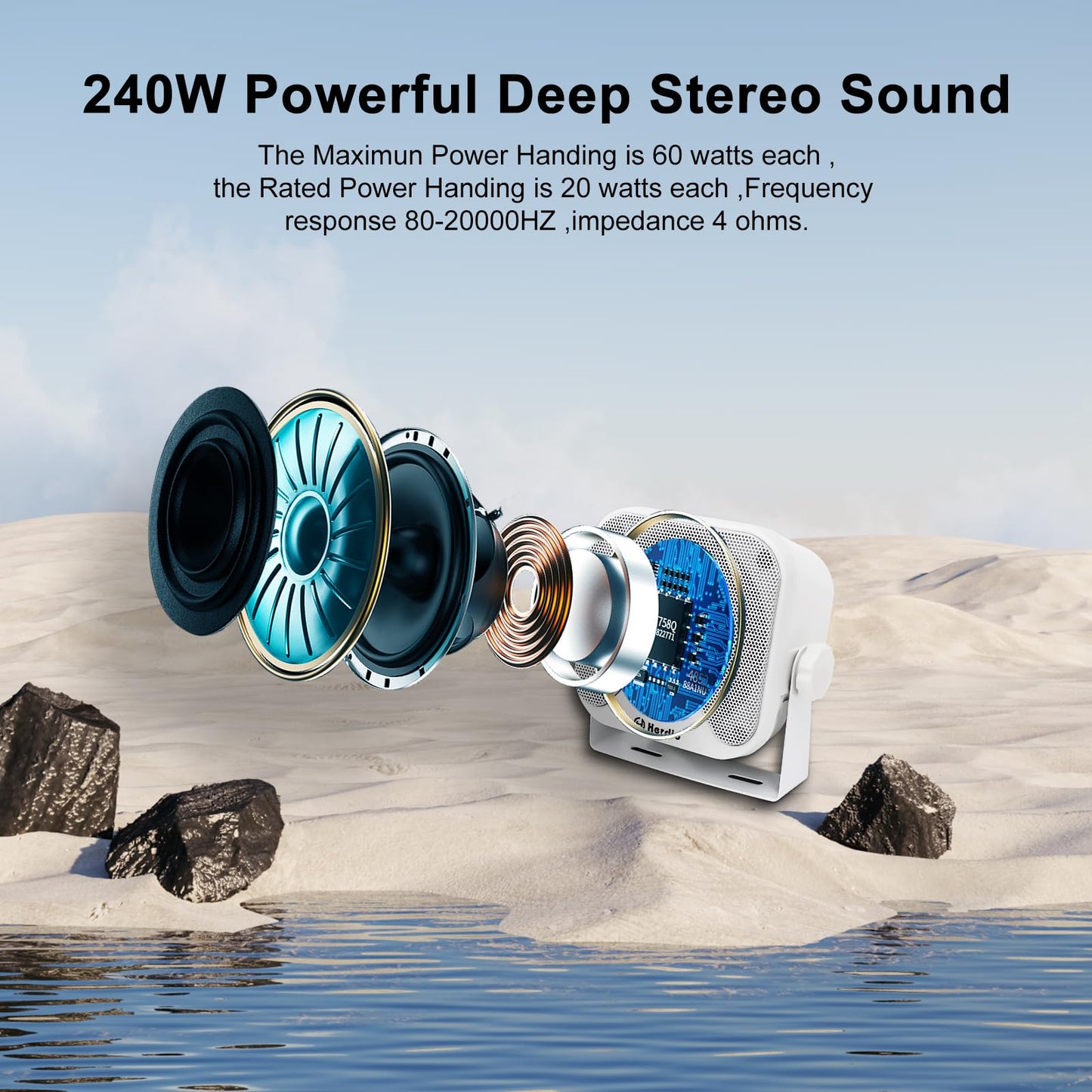 Herdio Altavoces Bluetooth para carrito de golf de 4 pulgadas, 240 W, impermeables, para exteriores, barco, ATV, UTV, RZR, caravana, tractor, camión, jeep, patio, Powersports, 2 pares (blanco)