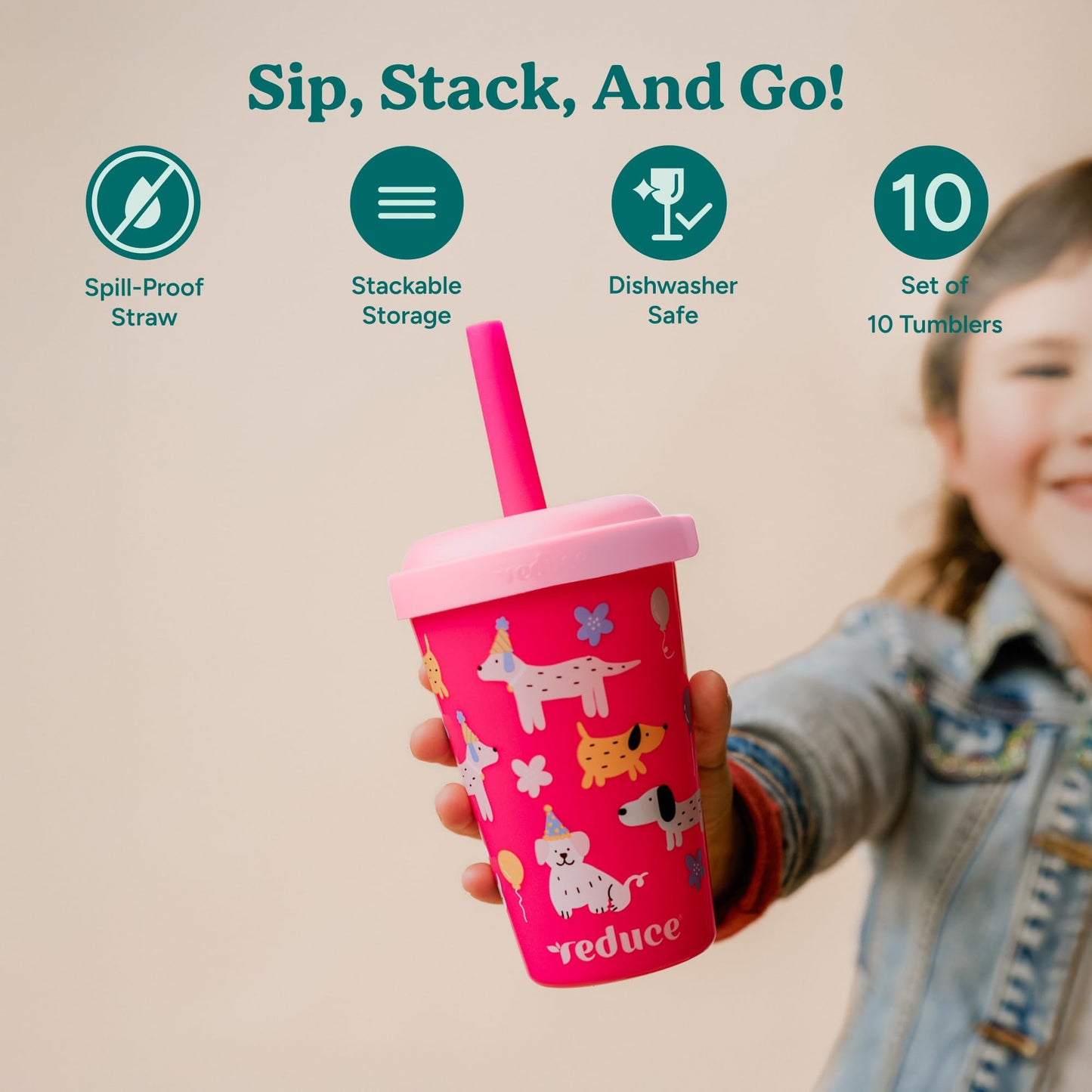 REDUCE GoGo's Vasos Tumbler Portátiles para Niños con Tapas y Pajitas a Prueba de Derrames - Paquete de 10 Vasos Apilables de 12 oz con Tapas de Rosca - Fácil Almacenamiento, Apto para Lavavajillas