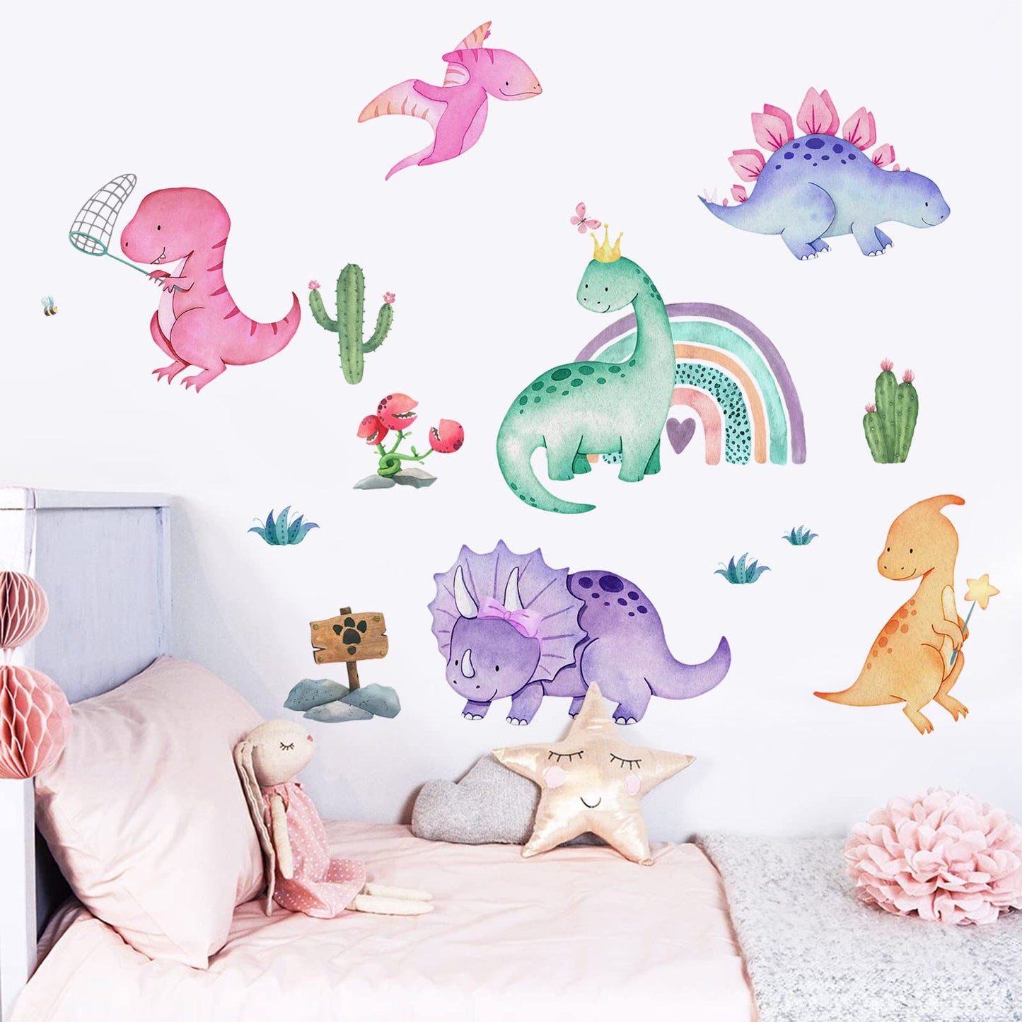 Yovkky - Calcomanías de pared de dinosaurios para niñas, decoración de cuarto de bebé, diseño de cactus de arcoíris, plantas tropicales, decoración del hogar, recámara de niños, sala de juegos