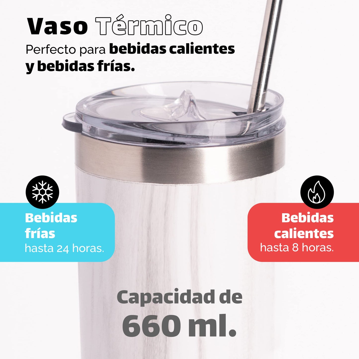 Vaso Térmico Norday Blanco Mármol de 660 ml Doble Pared Antiderrame 24hs para Mujer y Hombre