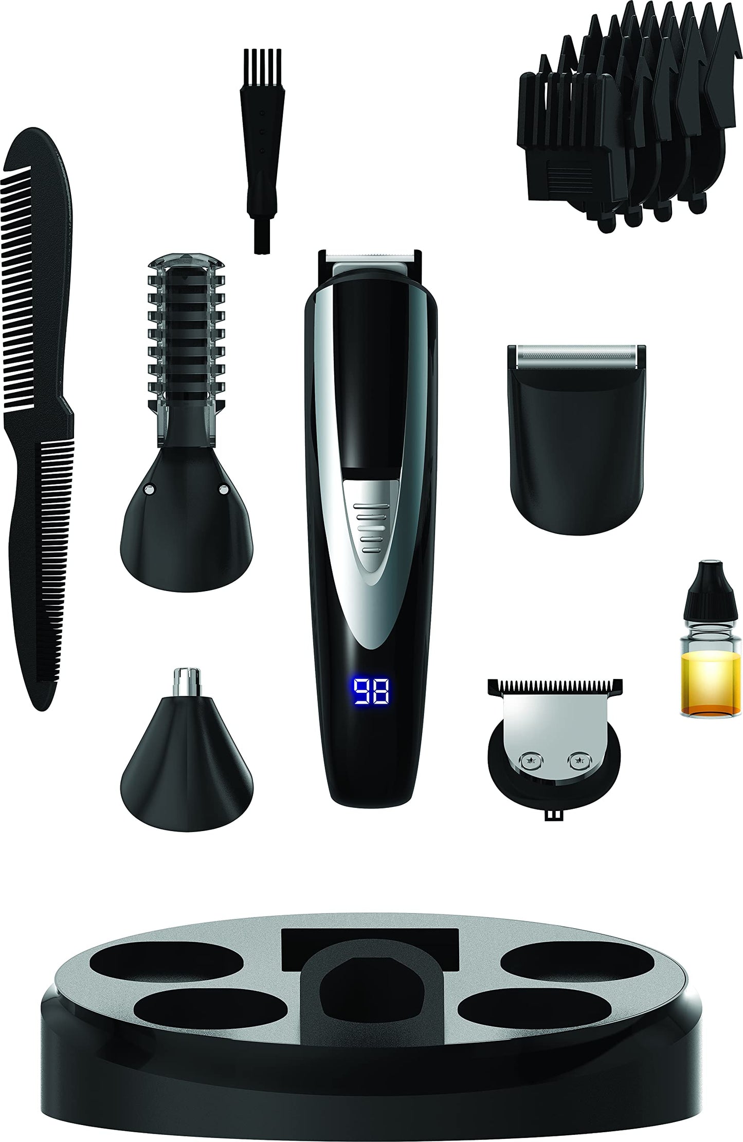 Perry Ellis - Kit de aseo múltiple todo en uno de 16 piezas | Recortadora de barba USB recargable para hombres | visualización LED y base de carga | Afeitadora inalámbrica para cabello, cuerpo, bigote, cara, nariz, oreja | Maquinilla eléctrica