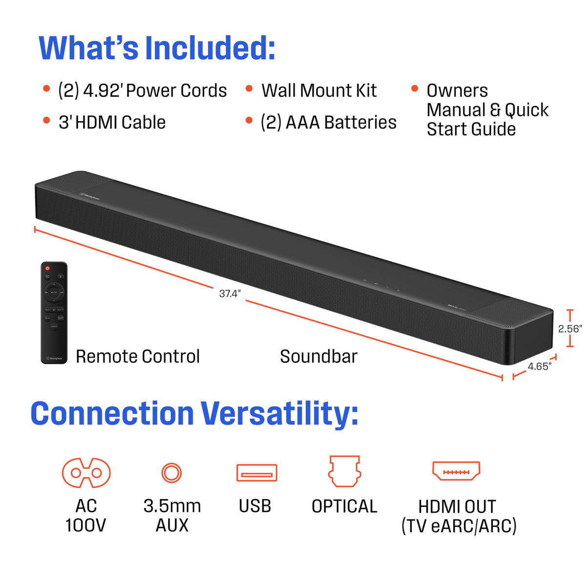 Barra de Sonido Westinghouse Negra con Dolby Atmos y Altavoces de Altura, 3.1.2 Canales, 210 W, Bluetooth, eArc, HDMI