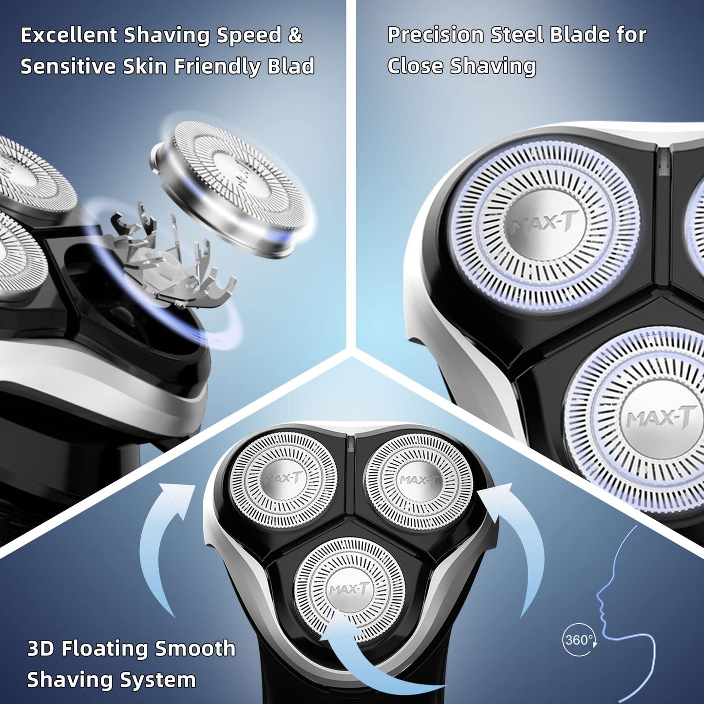 MAX-T Electric Shaver USB Quick Charge Rotary Shaver Digital Display Battery Usage Smart Travel Lock 100% Waterproof Wet & Dry Shave (8101A with USB Cable)