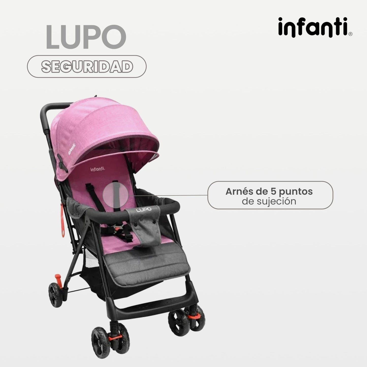 INFANTI | Carriola para Bebe Lupo Rosa | Carriola De Viaje para Bebé - Carreola con Arnés de 5 Puntos - Reclinación Ajustable | Toldo Completo con Visera - Barra de Seguridad y Ruedas con Seguro
