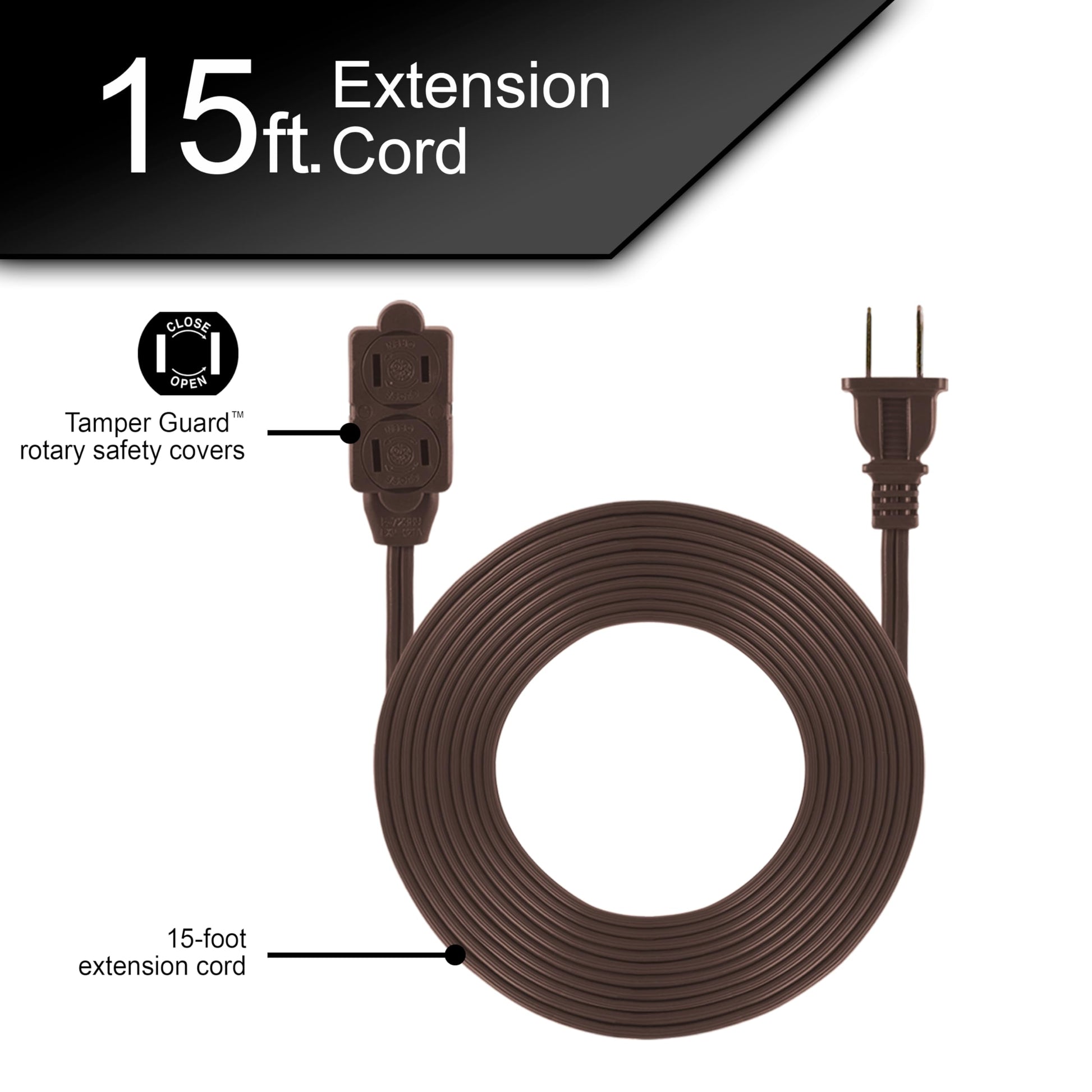 GE Designer - Extensión trenzada, 3 tiras, salidas de 2 dientes, enchufe plano, cable de alimentación sin enredos, perfecto para el hogar, la oficina o la cocina, clasificación UL, 4.6 m, Marrón