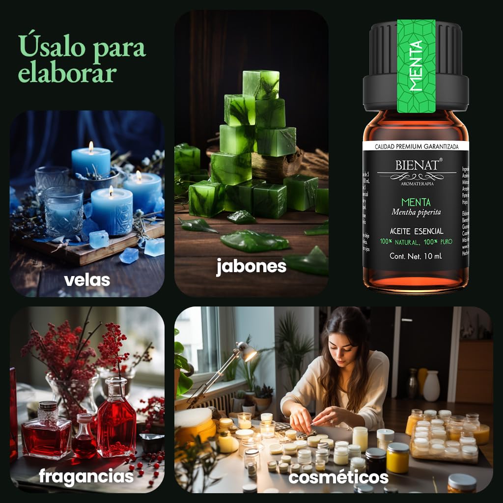 BIENAT AROMATERAPIA Aceite Esencial de Menta 10mL | 100% Puro y Concentrado | Ideal para Difusor de Aromas, Humidificador, Aromaterapia, Masajes, Meditación, Jabones y Velas | Esencia Natural en Gotas