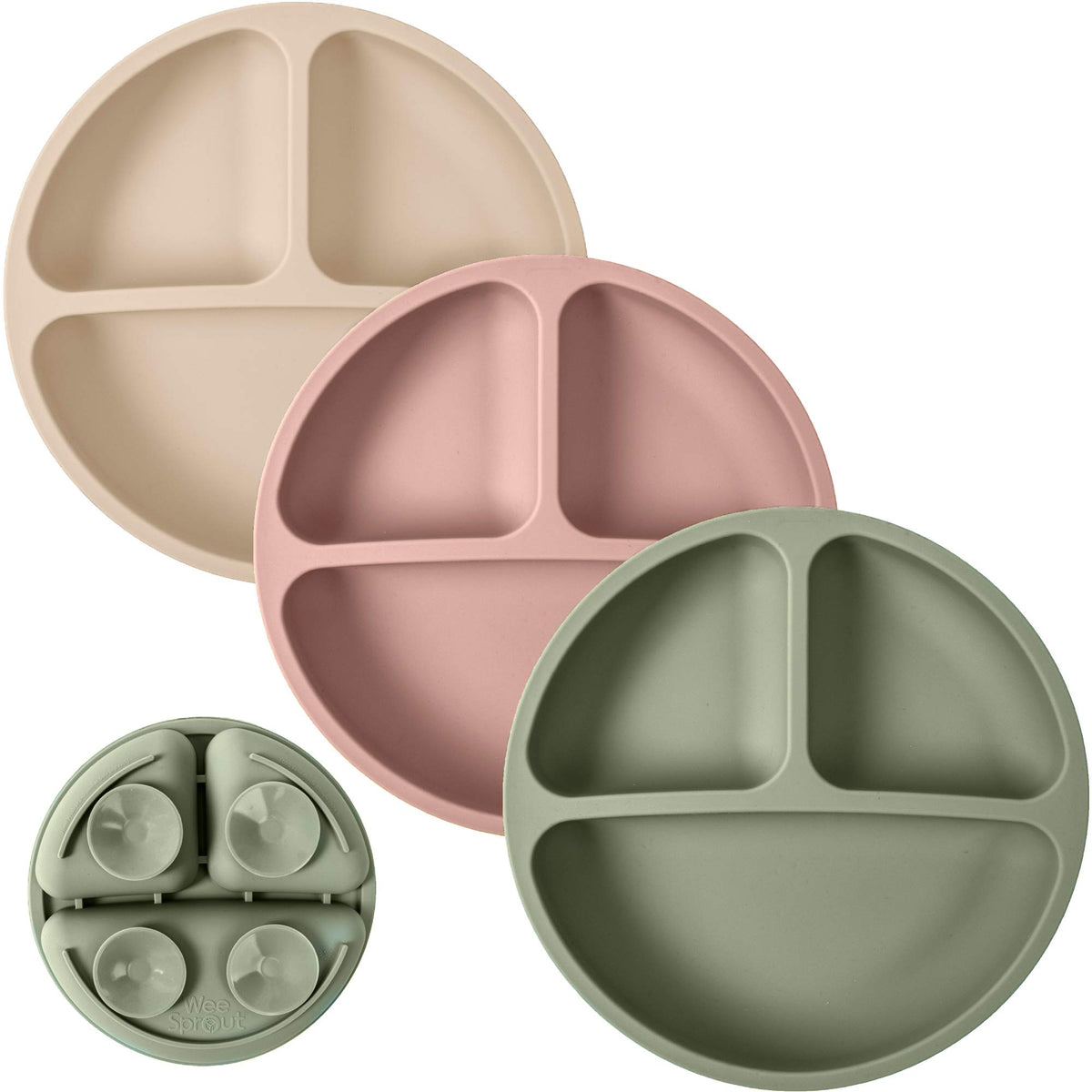 Placas de succión WeeSprout para bebés y niños pequeños - 100% silicona, vajilla que se mantiene en su lugar, diseño dividido para comedores exigentes, aptas para microondas y lavavajillas, paquete de