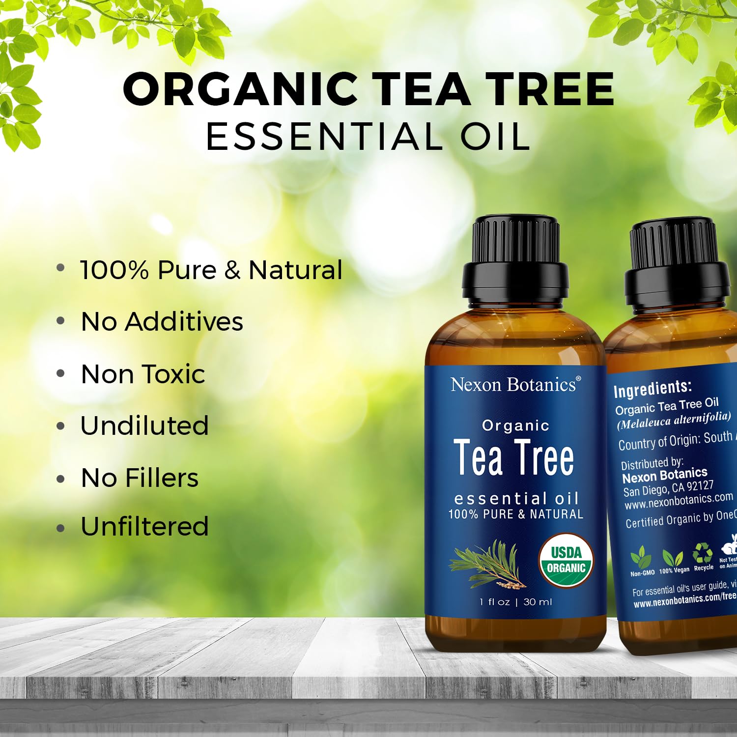Nexon Botanics Aceite de árbol de té orgánico 30 ml – Certificado USDA, puro, natural sin diluir grado terapéutico aceite esencial para cabello, cara, piel, acné y cuero cabelludo – Melaleuca Alternifolia Oils