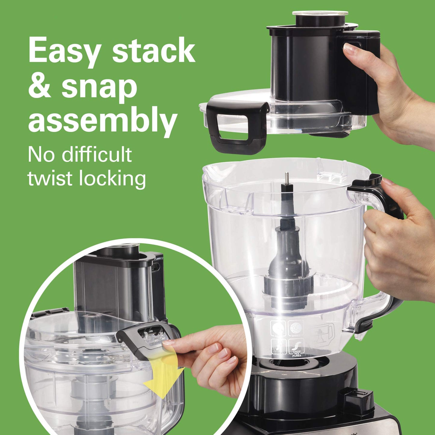 Hamilton Beach Stack & Snap Procesador de alimentos y cortador de verduras, sin BPA, cuchillas de acero inoxidable, 14 tazas + 4 tazas, motor de 3 velocidades de 500 W, negro (70585)