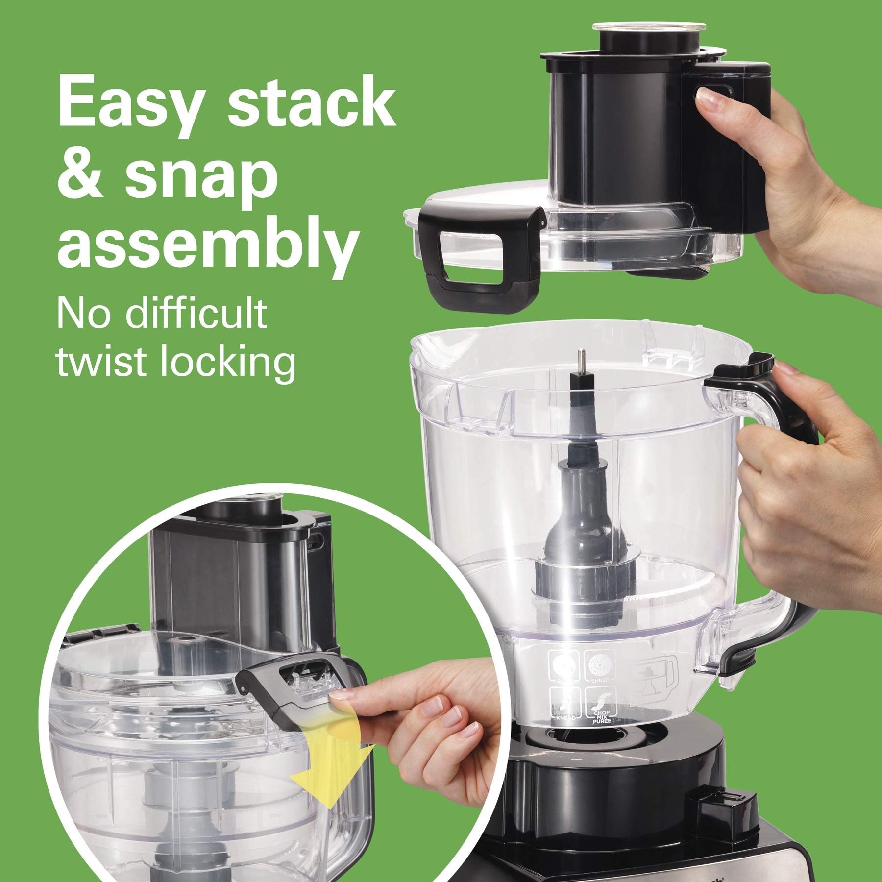 Hamilton Beach Stack & Snap Procesador de alimentos y cortador de verduras, sin BPA, cuchillas de acero inoxidable, 14 tazas + 4 tazas, motor de 3 velocidades de 500 W, negro (70585)