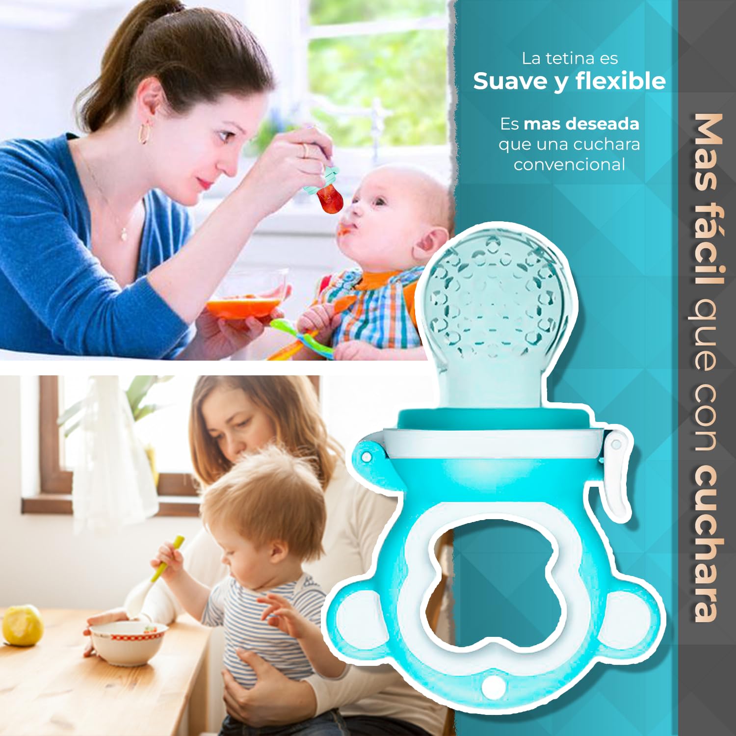 Chupón Para Fruta Y Papilla con Seguro Y Tapa, Dibujo Animado MONKEY, Libre de BPA (Azul)