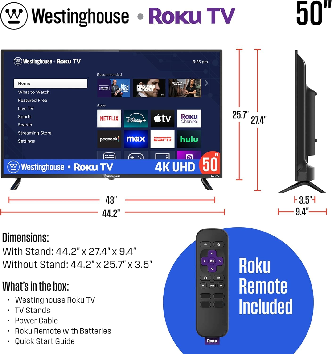 Westinghouse Smart TV de 50 Pulgadas 4K Ultra HD con Conectividad Wi-Fi y Aplicación Móvil, Bluetooth, con Apple AirPlay, Alexa y Google Asistente, Control por Voz, Dolby Digital +