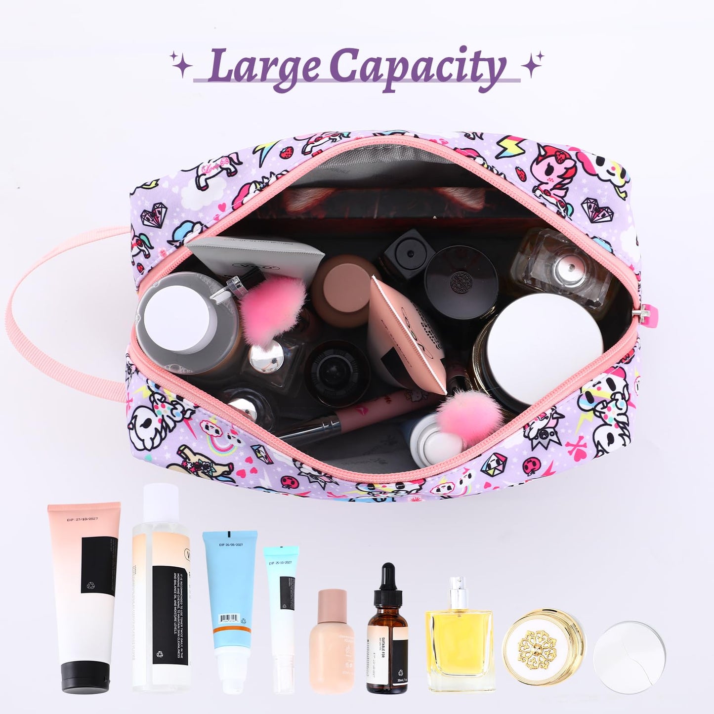 Tokidoki Unicorno Bolsa de maquillaje de viaje para mujer, bonita bolsa de cosméticos de gran capacidad, bolsa de artículos de cambiador portátil de dibujos animados para viajes, trabajo, oficina