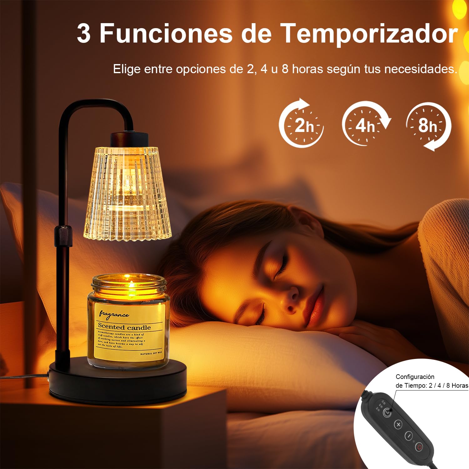 Lámpara para Velas Aromáticas con Temporizador y Regulación de Brillo, Altura Ajustable, Regalo para Nuevo Hogar, Decoración de Habitación, Lámpara Calentadora de Velas con 2 Bombillas