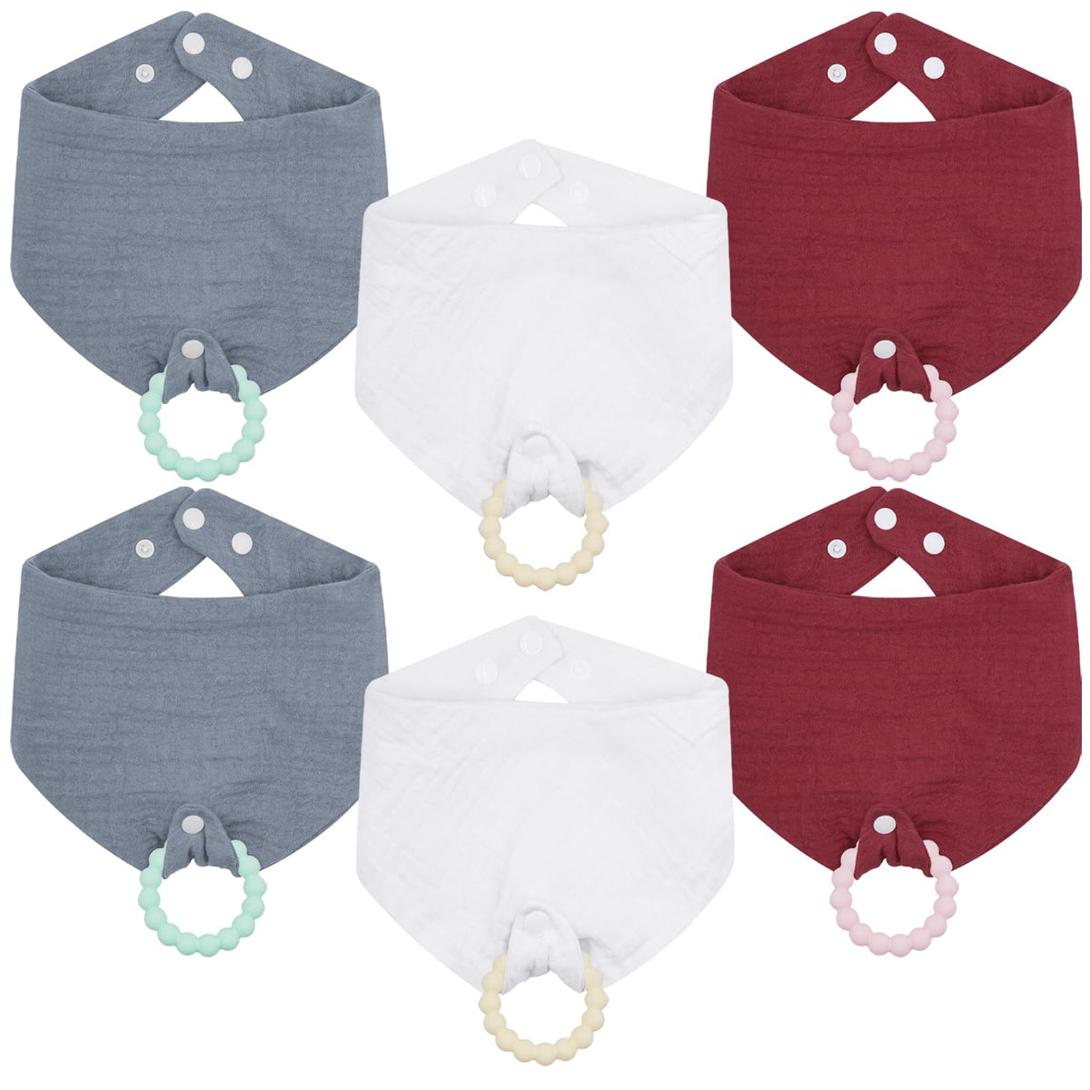 CUXFLS - Paquete de 6 baberos y juguetes de dentición, 100% algodón orgánico, absorbente, suave, unisex para 0 a 24 meses, material de seguridad de silicona para recién nacidos y niños pequeños