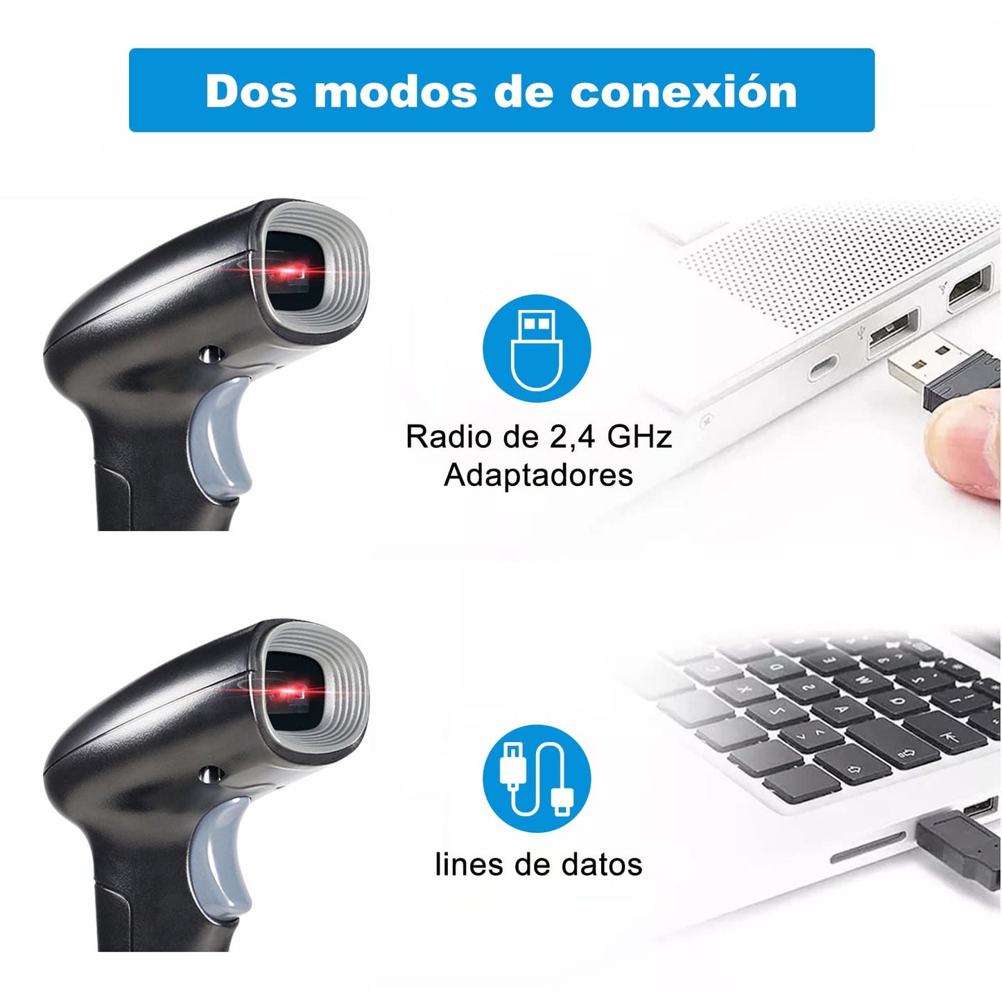 Escáner de Código de Barras Inalámbrico y Alámbrico con USB para Puntos de Venta con Soporte