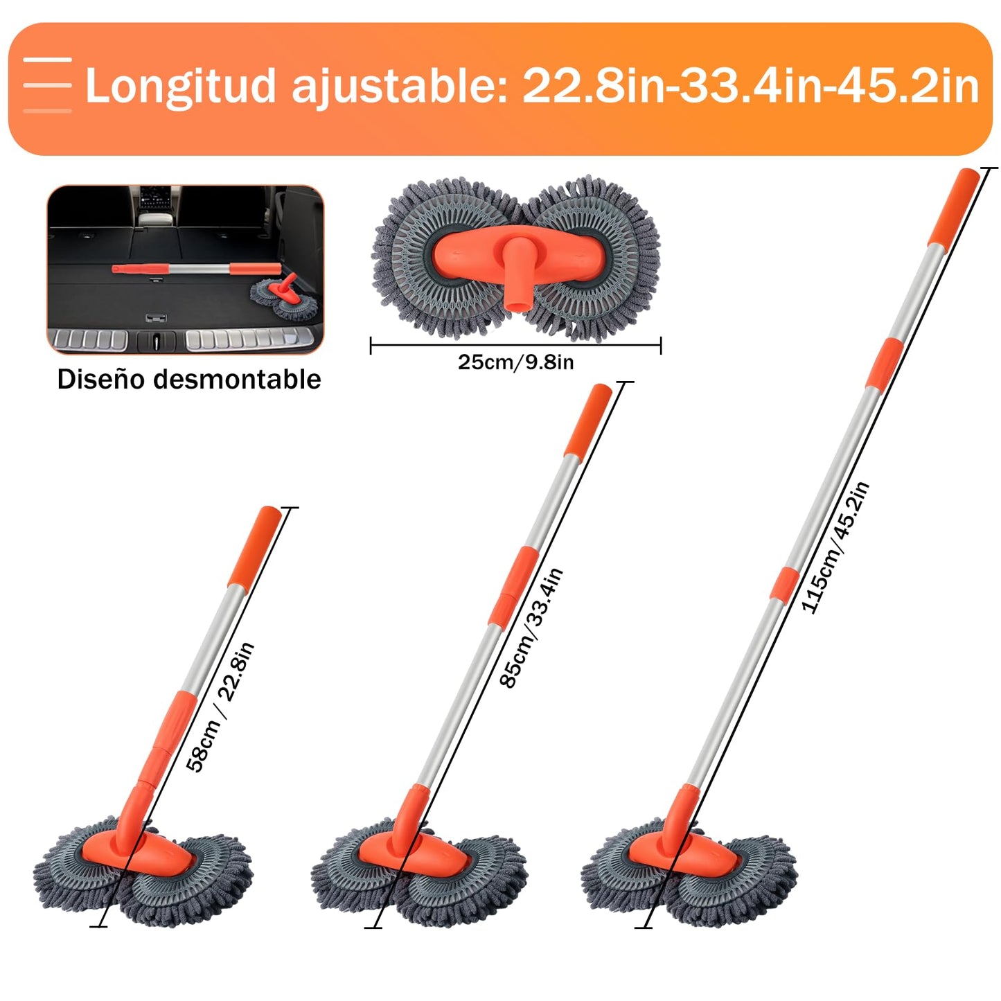BYHANG Cepillo para Lavar Carros con Mango Largo, Juego de Cepillos para Limpieza de Coches, con 360° Cepillo Giratorio de Doble Cabezal, para Limpiar Coches, Neumáticos (Color Naranja)