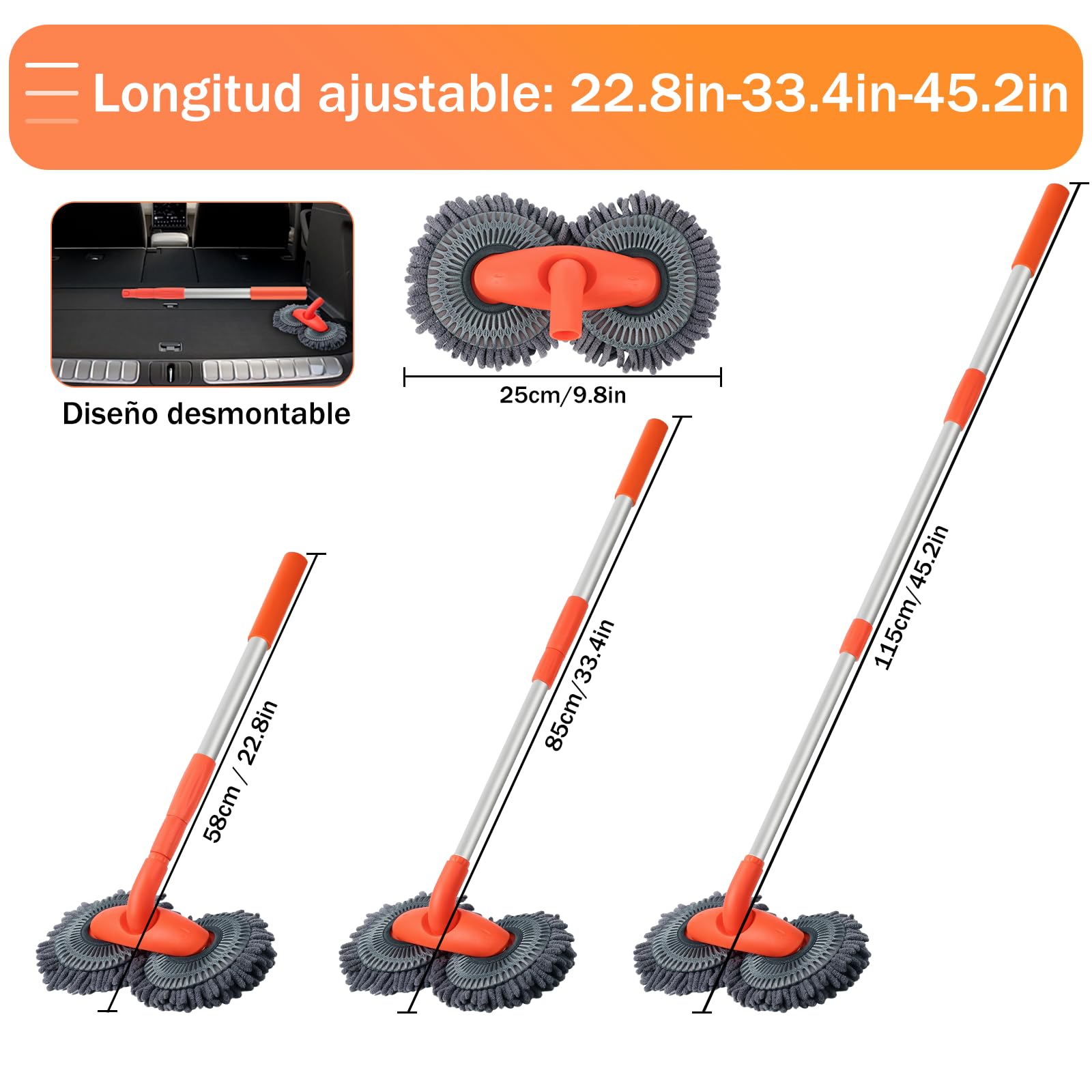 BYHANG Cepillo para Lavar Carros con Mango Largo, Juego de Cepillos para Limpieza de Coches, con 360° Cepillo Giratorio de Doble Cabezal, para Limpiar Coches, Neumáticos (Color Naranja)