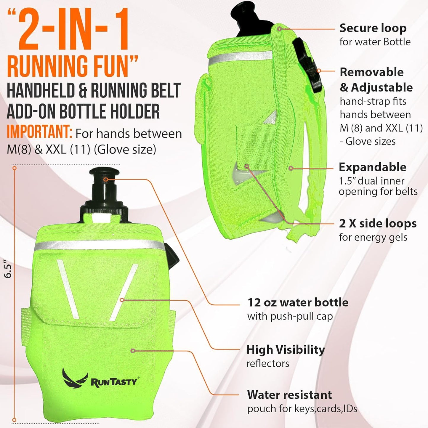 Botella de agua y cinturón 2 en 1 Running Fun Green de mano de 12 onzas, correa a mano o deslizarse en el cinturón, bolsillo impermeable para dinero, llave, identificación, maximiza tu tiempo,