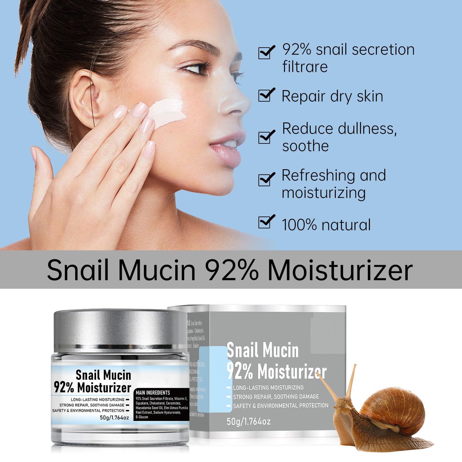 Snail Mucin 92% Moisturizer, Snail Mucin Cream Daily Repair Face Gel Cream for Dry Skin, Snail Mucin Moisturizer Face Cream,Snail Cream for Face Moisturizer (2)