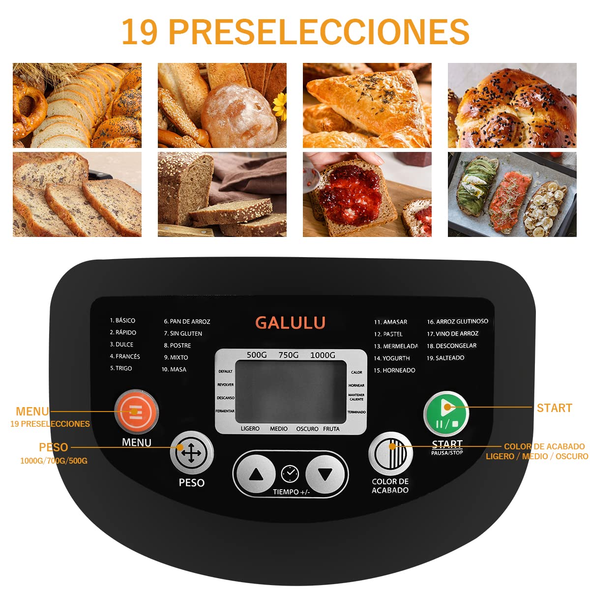 GALULU - Máquina para hacer pan,Máquina de pan con 19 preestablecidos, Función sin gluten,Ajustes de aislamiento,3 tamaños de pan,Recetas y accesorios incluidos,2 Libras Negro)
