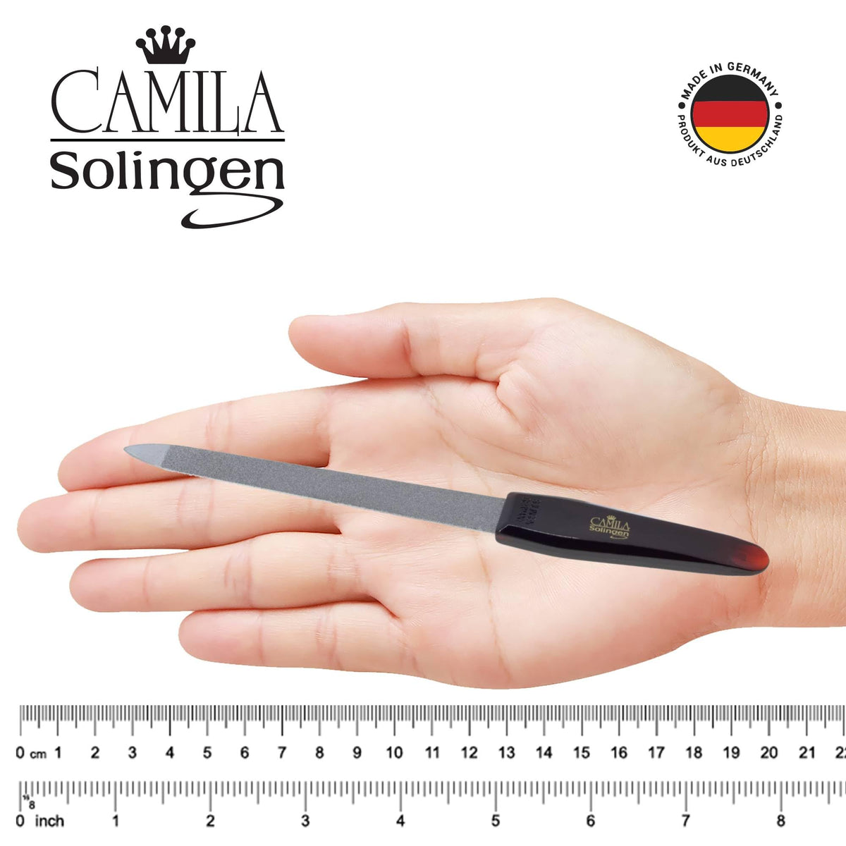 Camila Solingen CS18 7" Large Professional Sapphire Metal Nail File Pointed for Fingernail and Toenail Care. Double Sided Coarse Fine for Manicure/Pedicure. Made of Stainless Steel, Solingen Germany