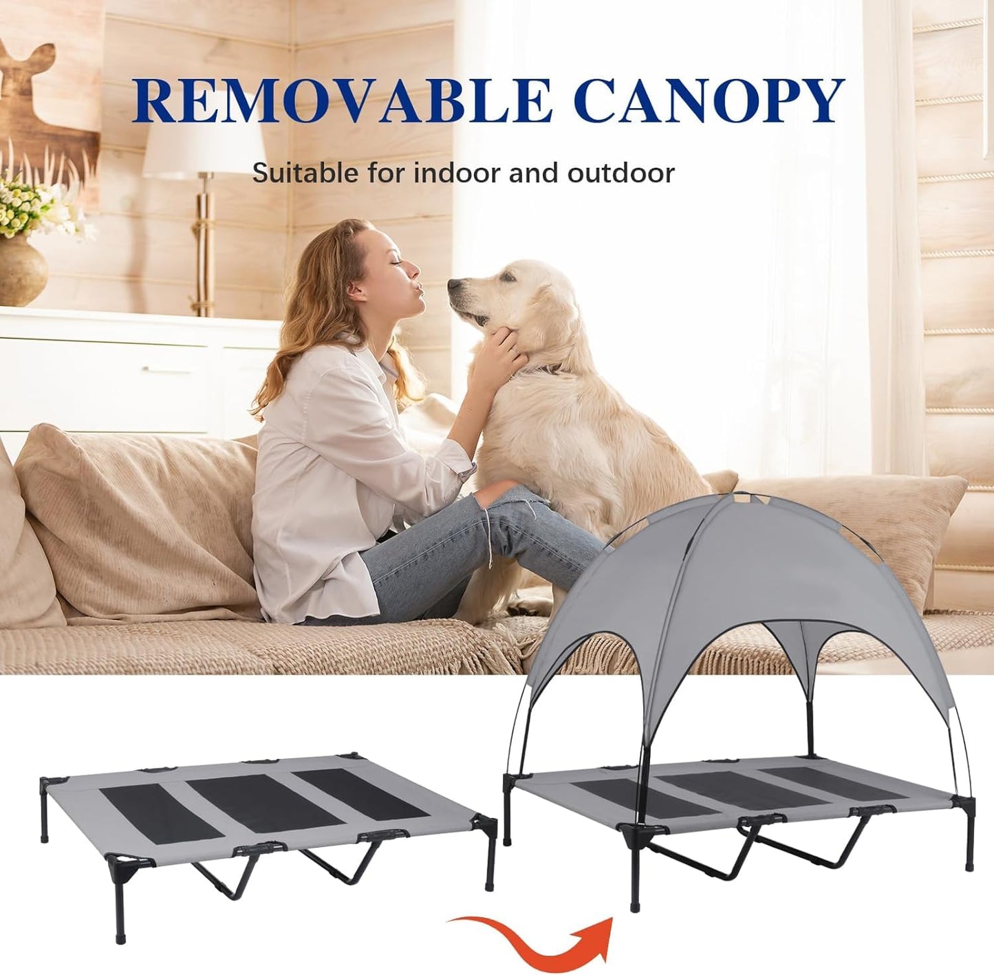 Cama Elevada de Perro RongPin Portátil Oxford con Canopy Extraíble y Bolso en X-Large para Mascotas de Camping