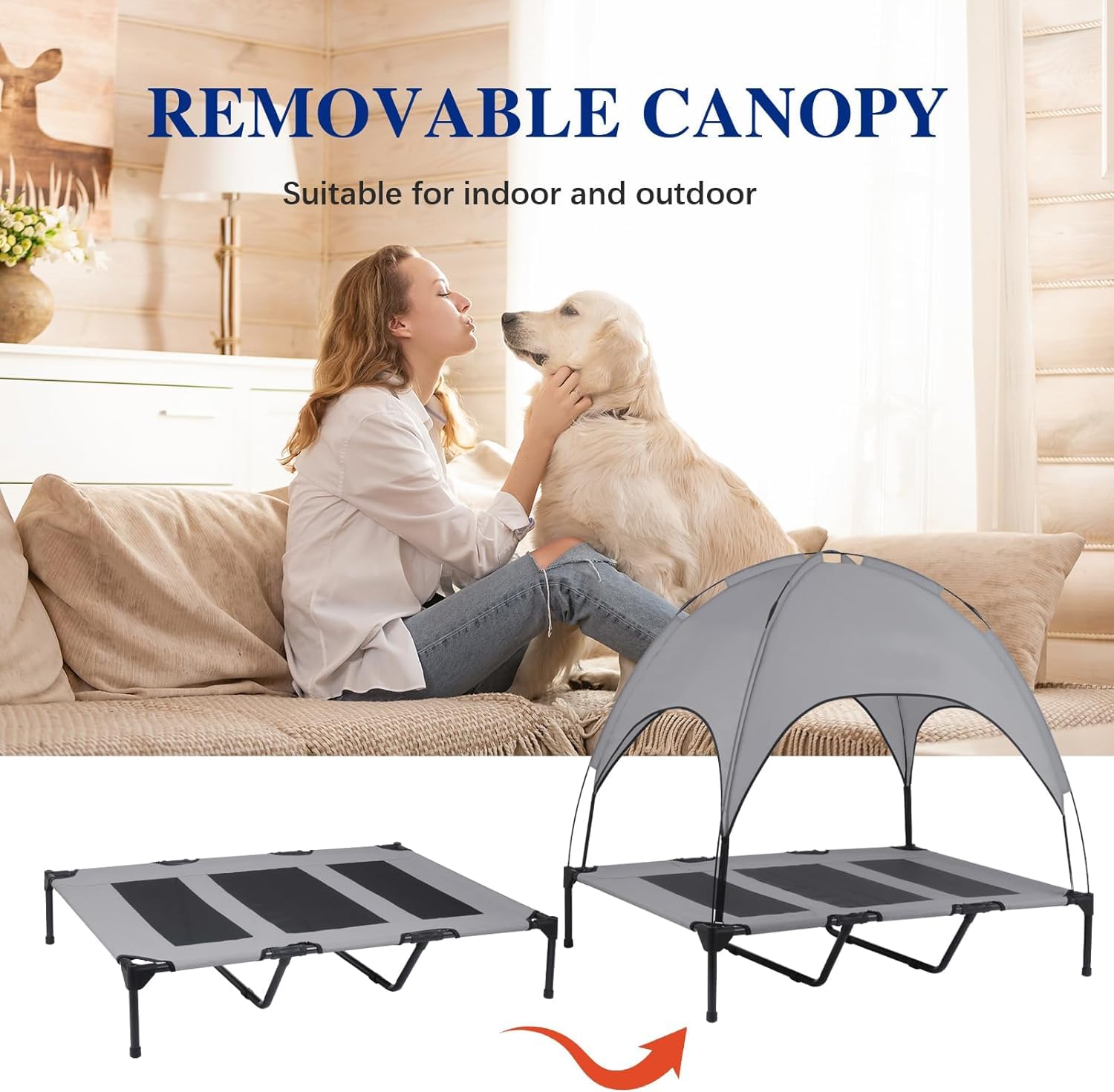 Cama Elevada de Perro RongPin Portátil Oxford con Canopy Extraíble y Bolso en X-Large para Mascotas de Camping